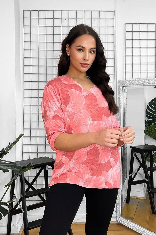 Coral Abstract Floral Pront Cotton Blend Top-SinglePrice