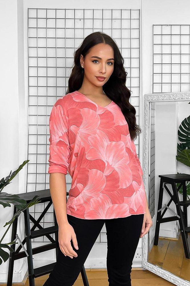Coral Abstract Floral Pront Cotton Blend Top-SinglePrice