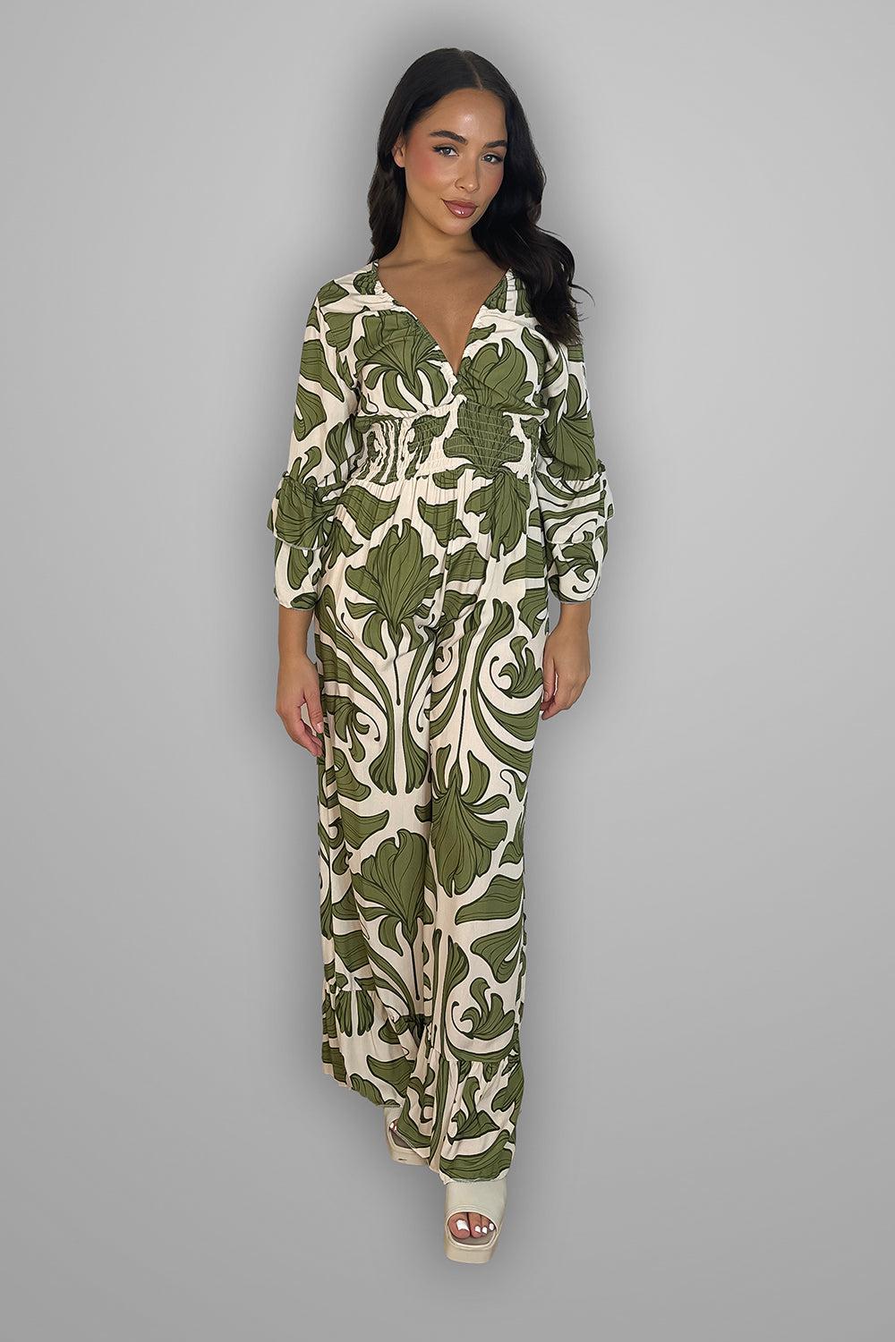 Shirred Waist Floral Print Slinky Jumpsuit-SinglePrice