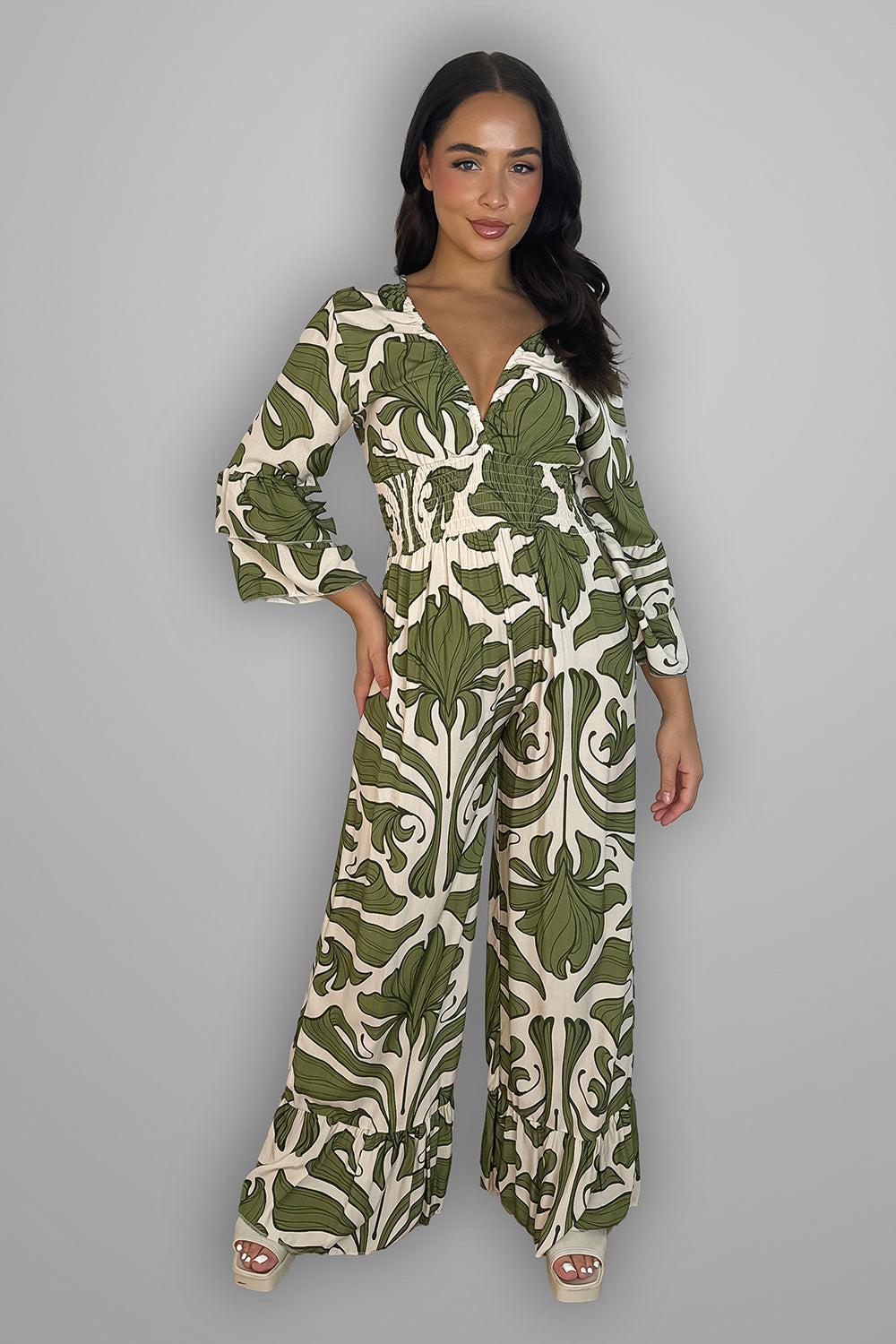 Shirred Waist Floral Print Slinky Jumpsuit-SinglePrice