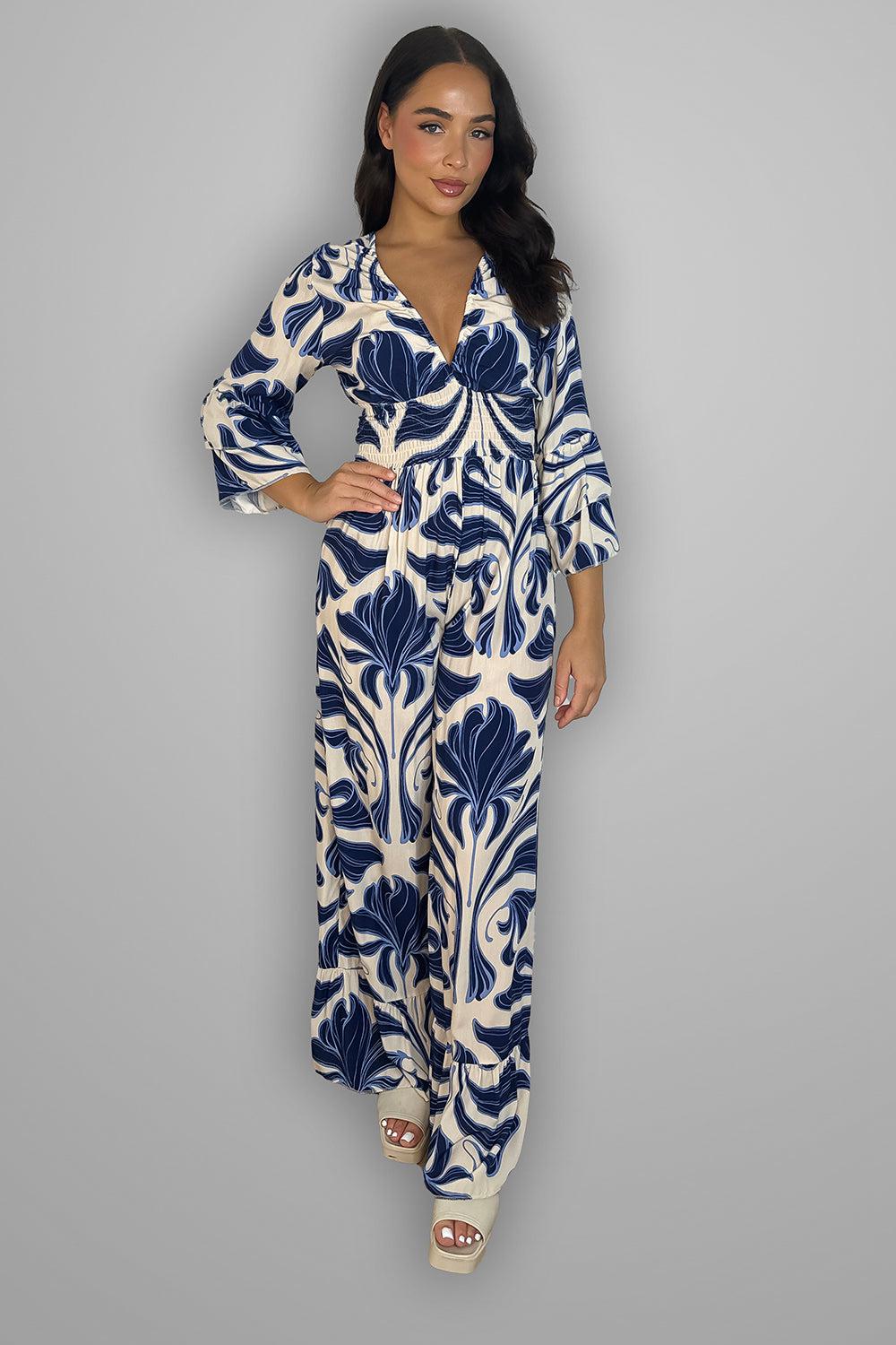 Shirred Waist Floral Print Slinky Jumpsuit-SinglePrice