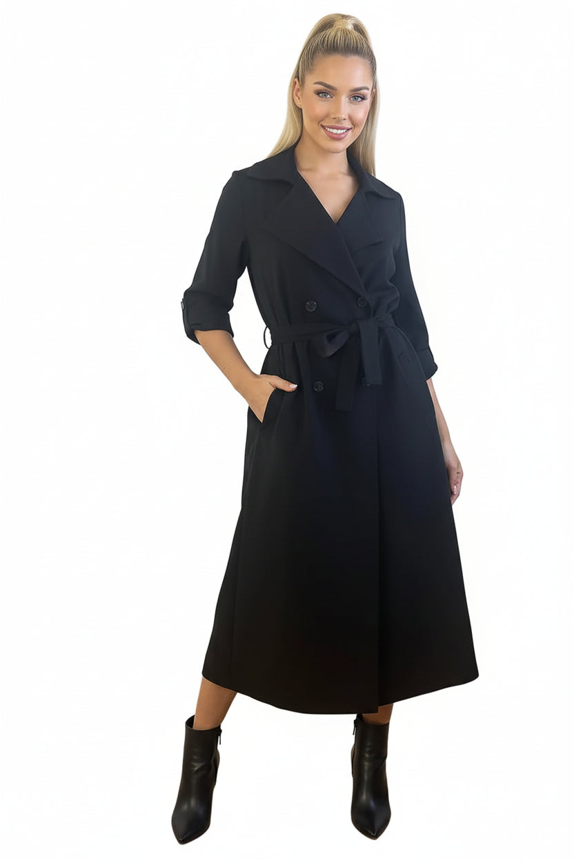 Double Breasted Waist Tie Rolled Sleeves Trench Coat-SinglePrice