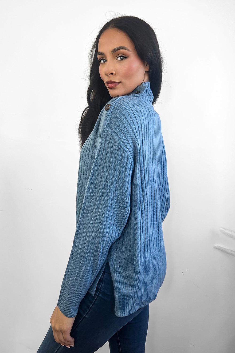 Ribbed Knit Buttoned High Neck Pullover-SinglePrice