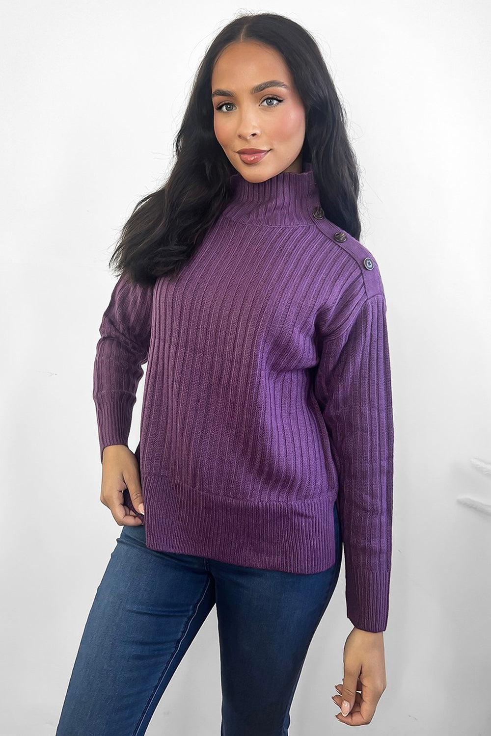Ribbed Knit Buttoned High Neck Pullover-SinglePrice