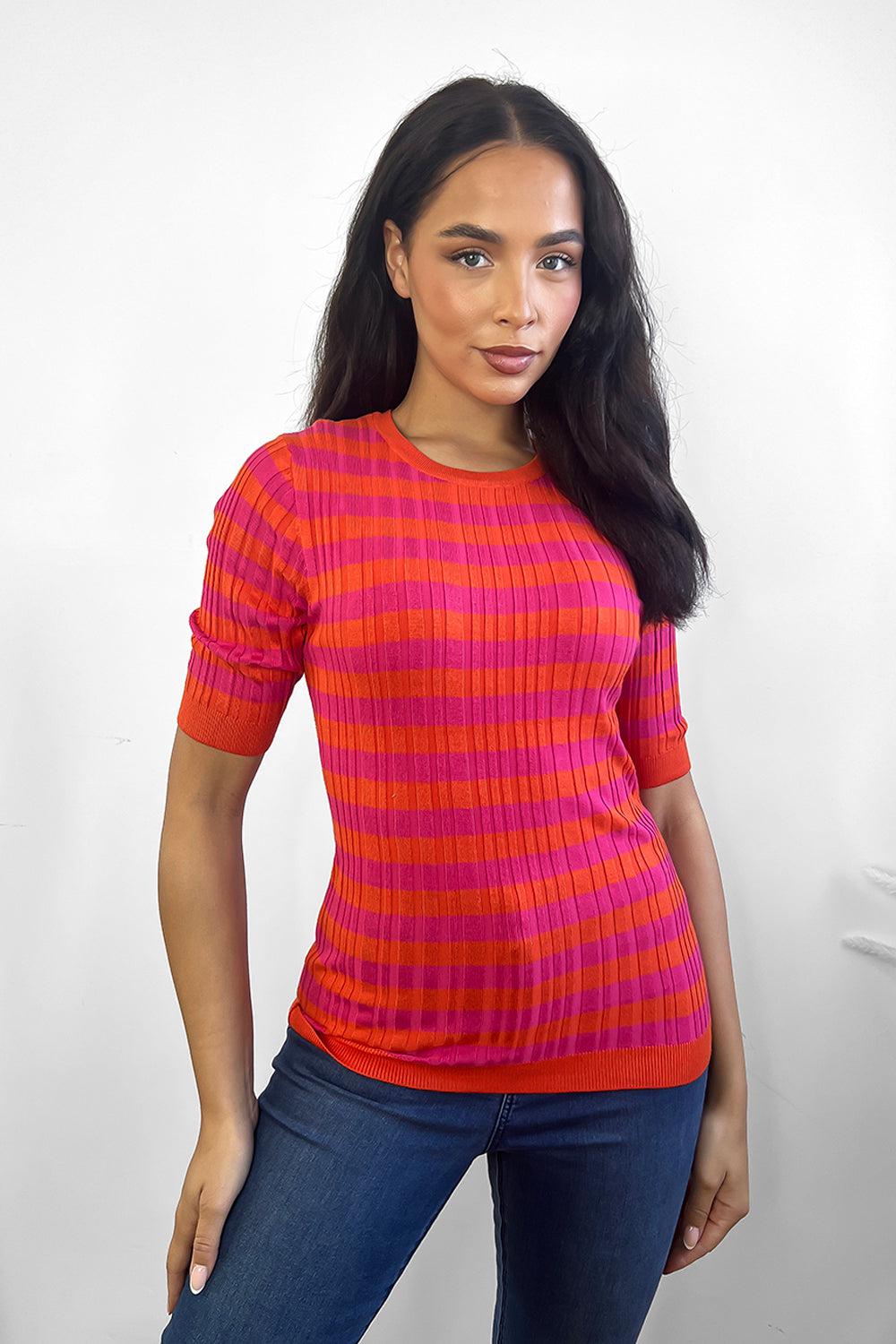 Red Orange Stripes Short Sleeves Pullover-SinglePrice