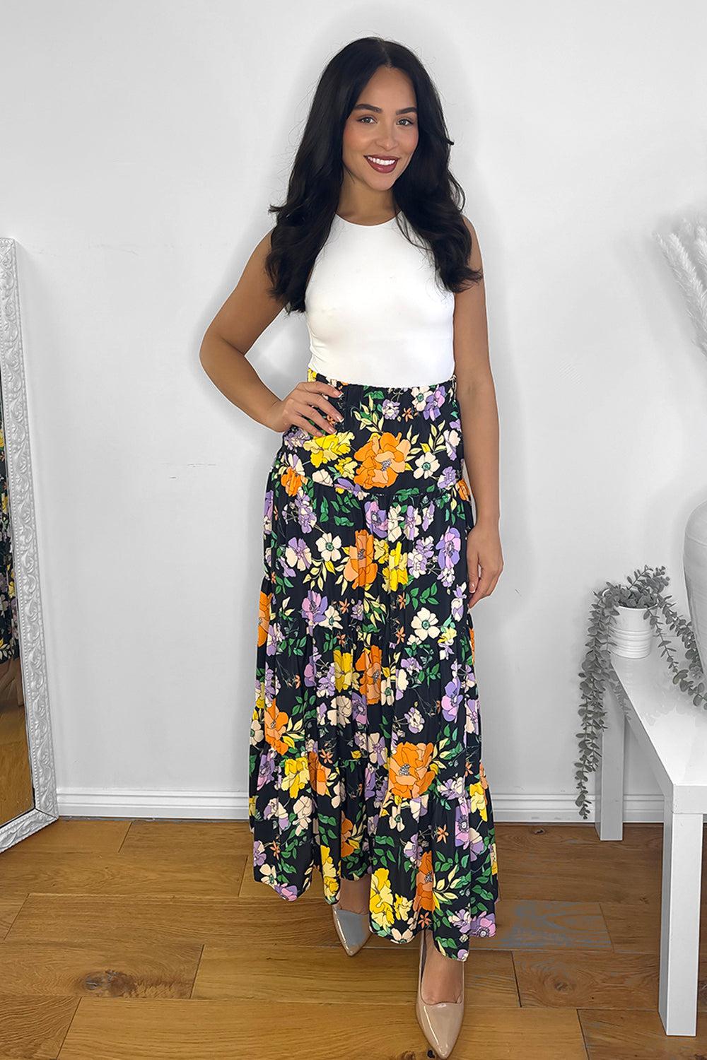 Floral Print Tiered Maxi Skirt-SinglePrice