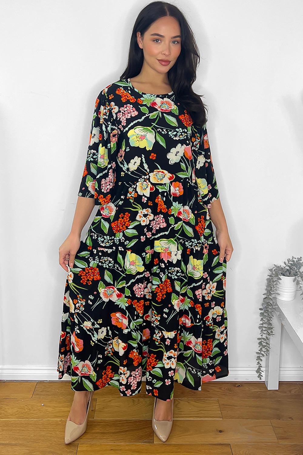 Black Spring Floral Print Maxi Dress-SinglePrice