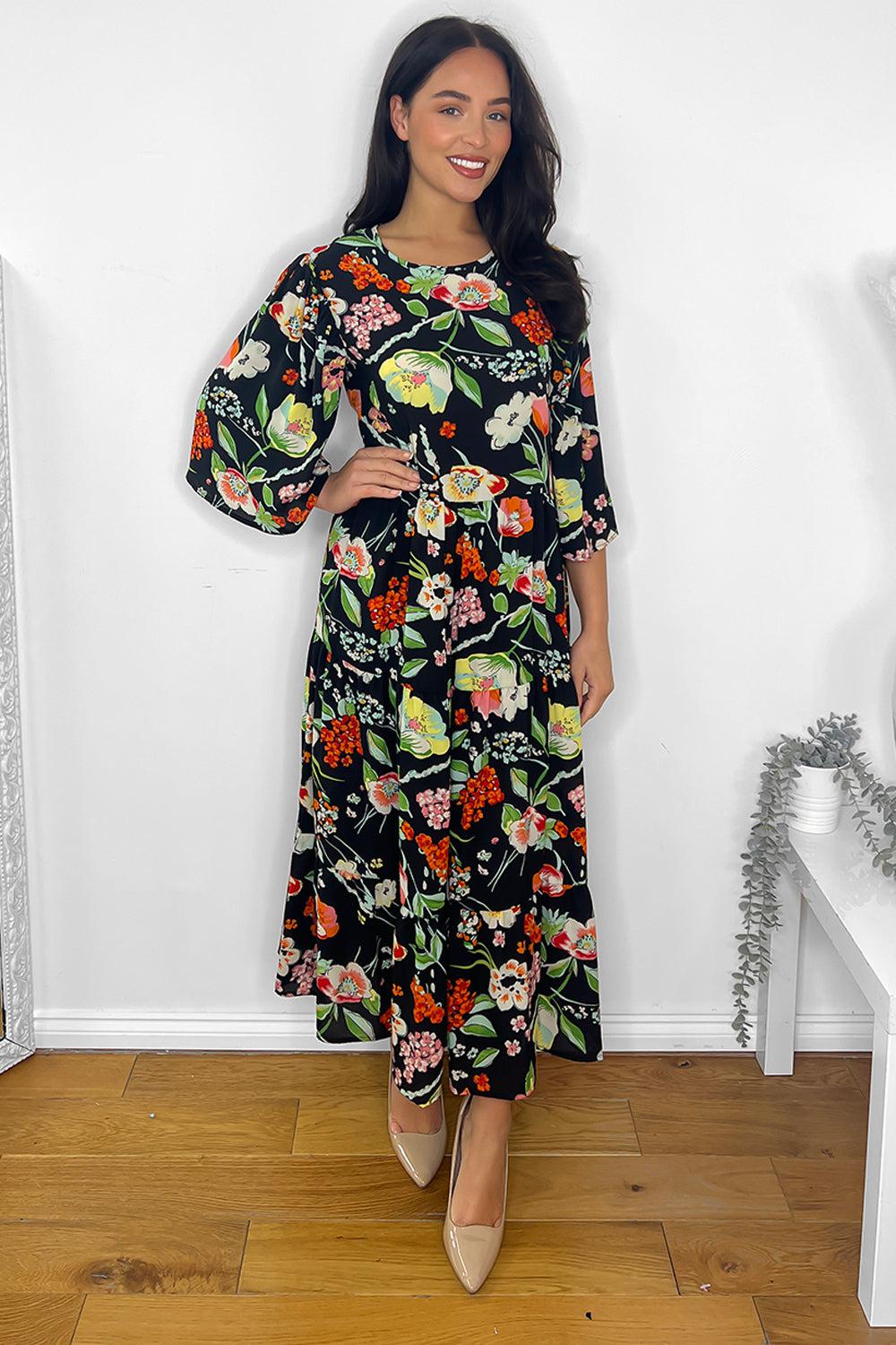 Black Spring Floral Print Maxi Dress-SinglePrice