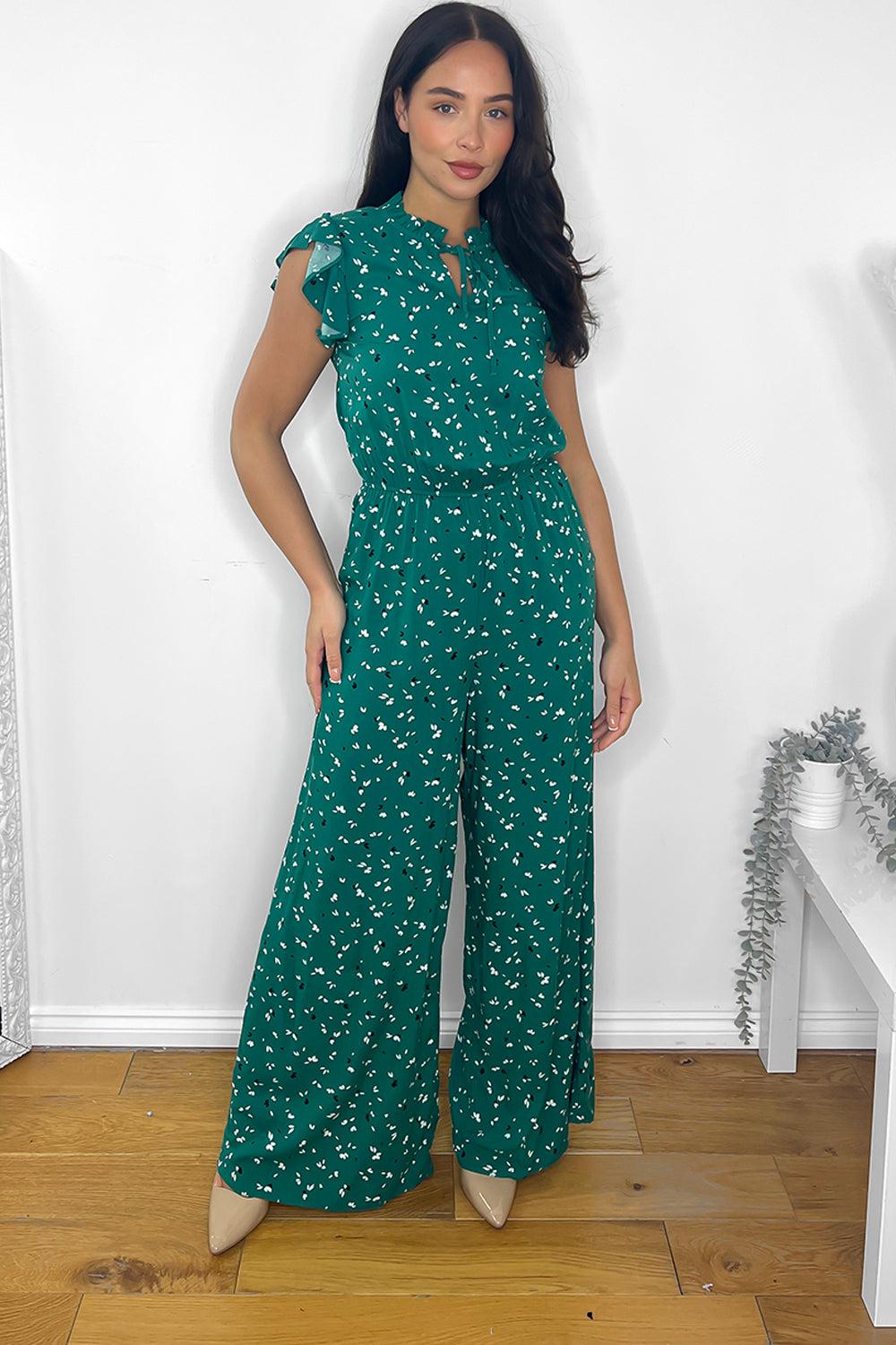 Green Petals Print Sleeveless Jumpsuit-SinglePrice