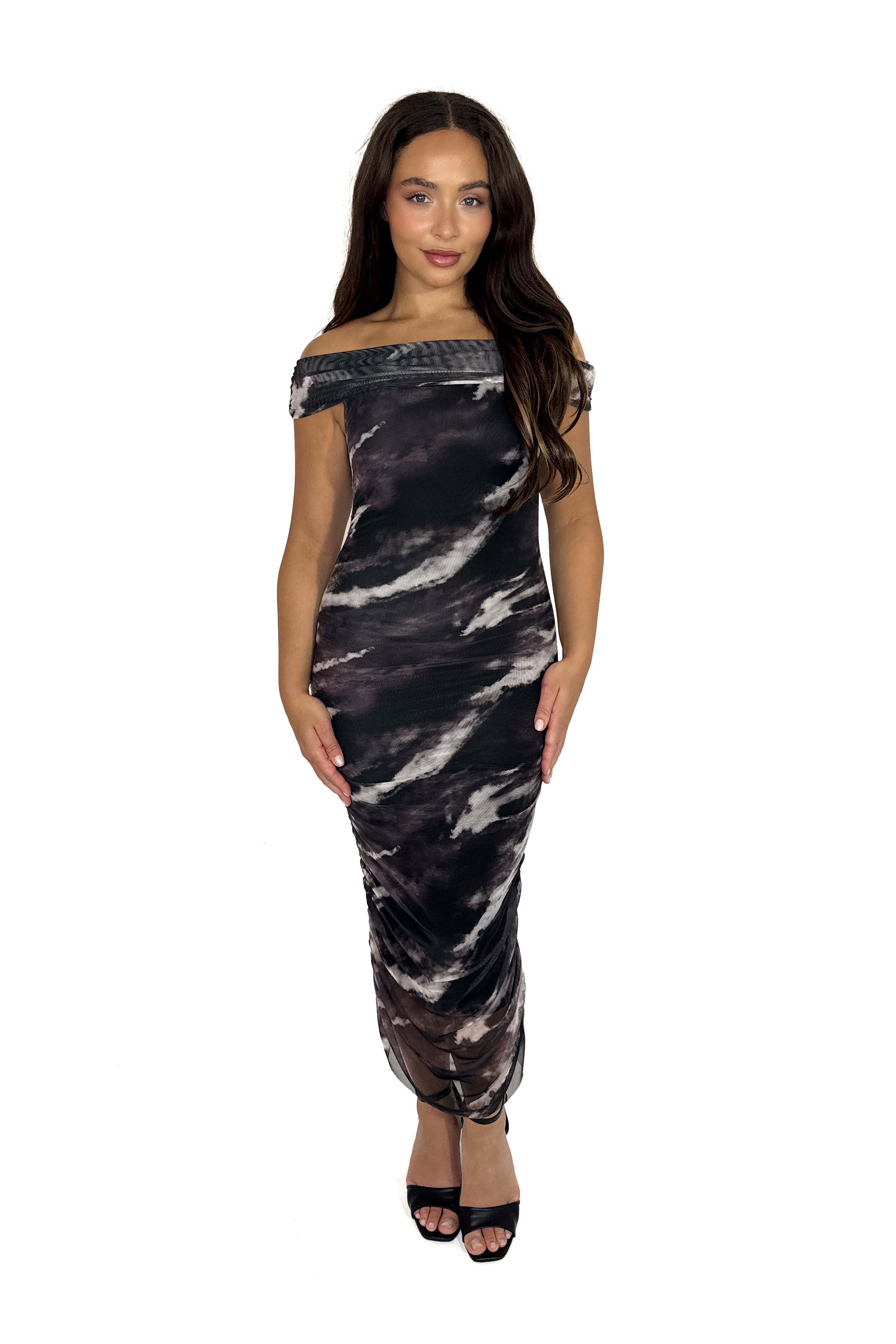 Wholesale Women's Off Shoulder Ruched Tie Dye Mesh Midaxi Dress (PACK OF 6)