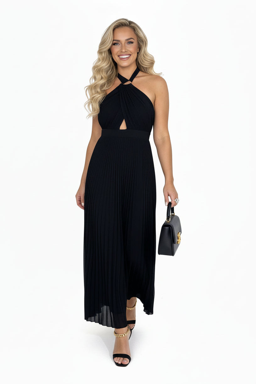 Halter Neck Plisse Chiffon Maxi Dress