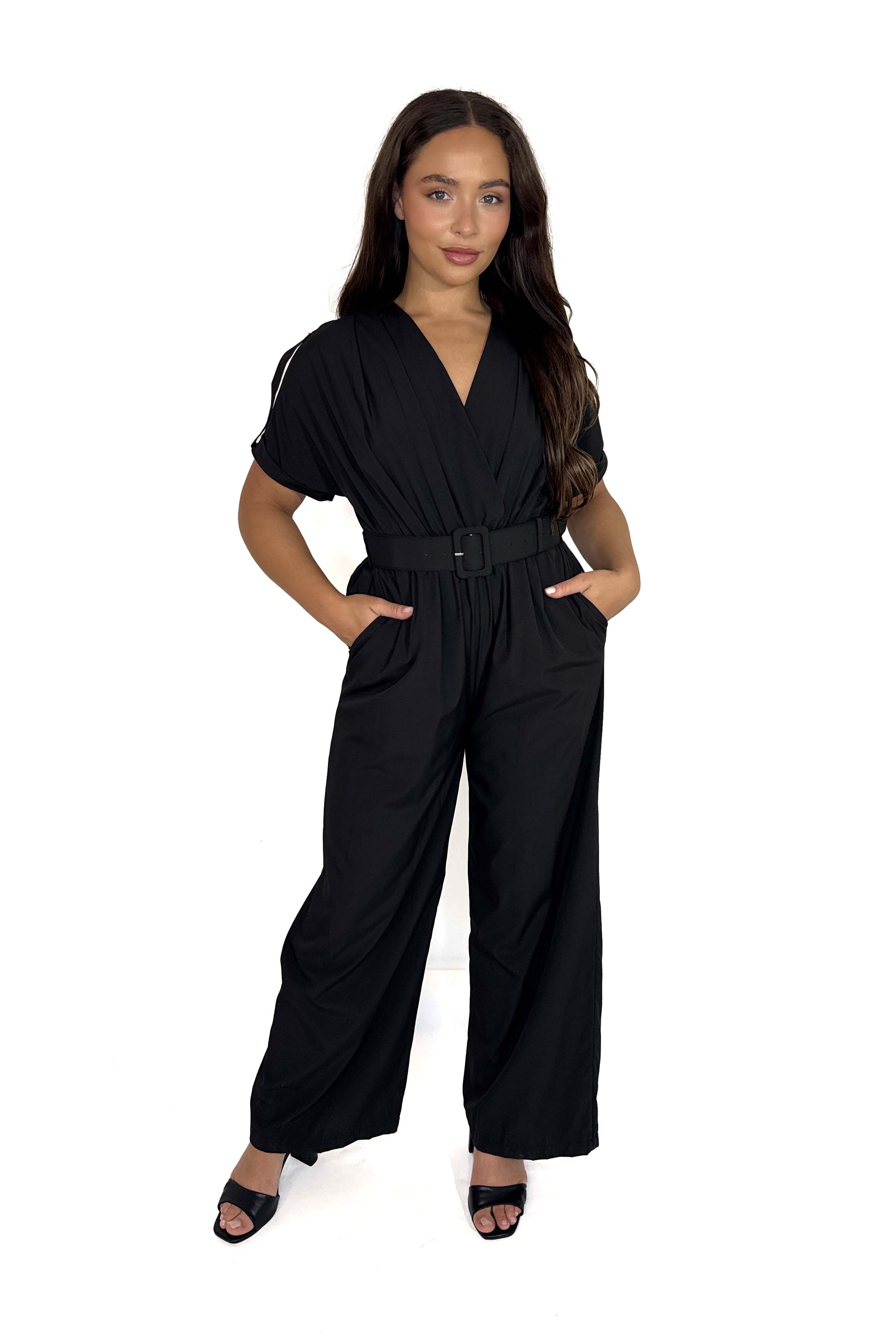 Wholesale Women's Low Cut Neck Belted Straight Leg Jumpsuit (PACK OF 6)