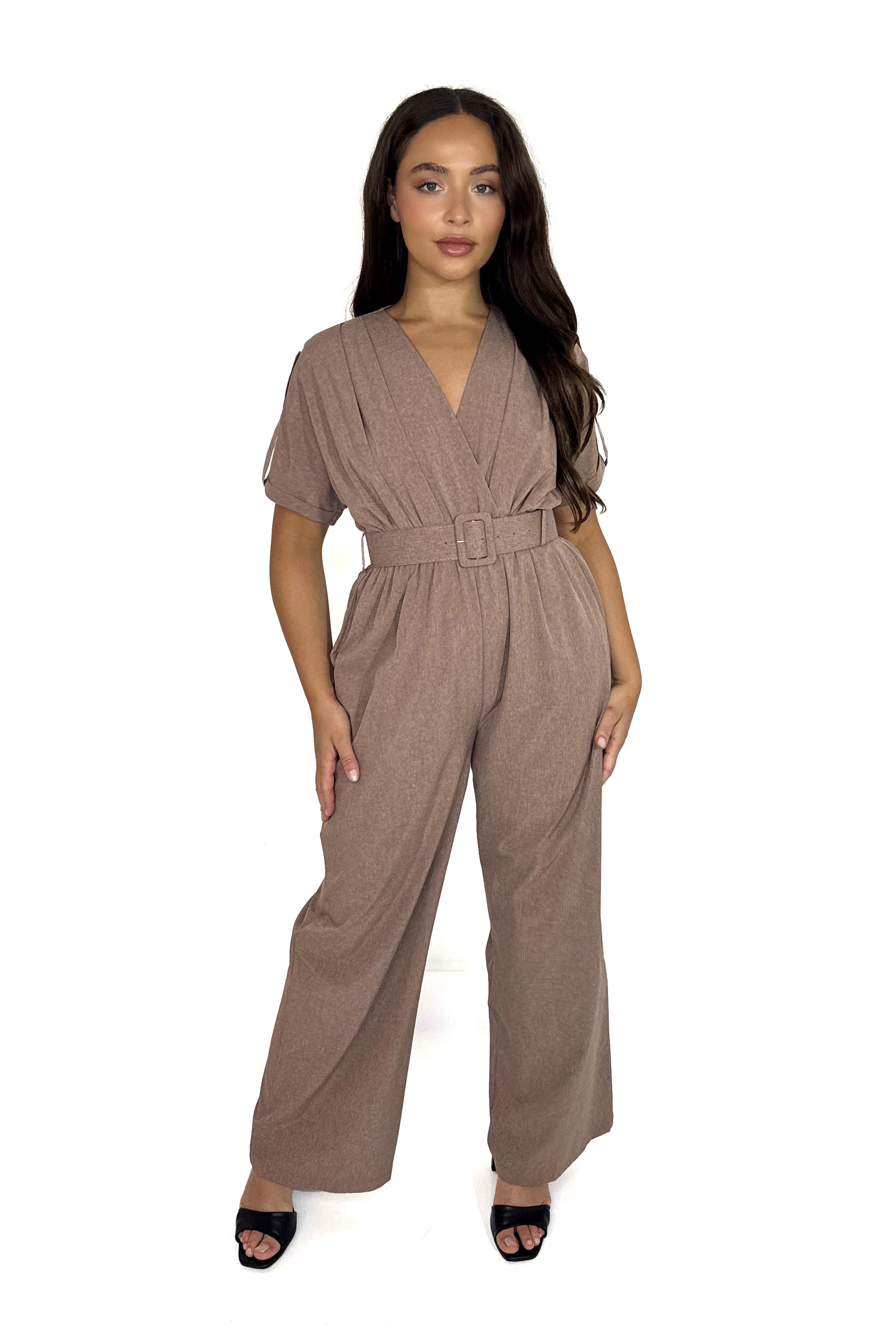 Wholesale Women's Low Cut Neck Belted Straight Leg Jumpsuit (PACK OF 6)