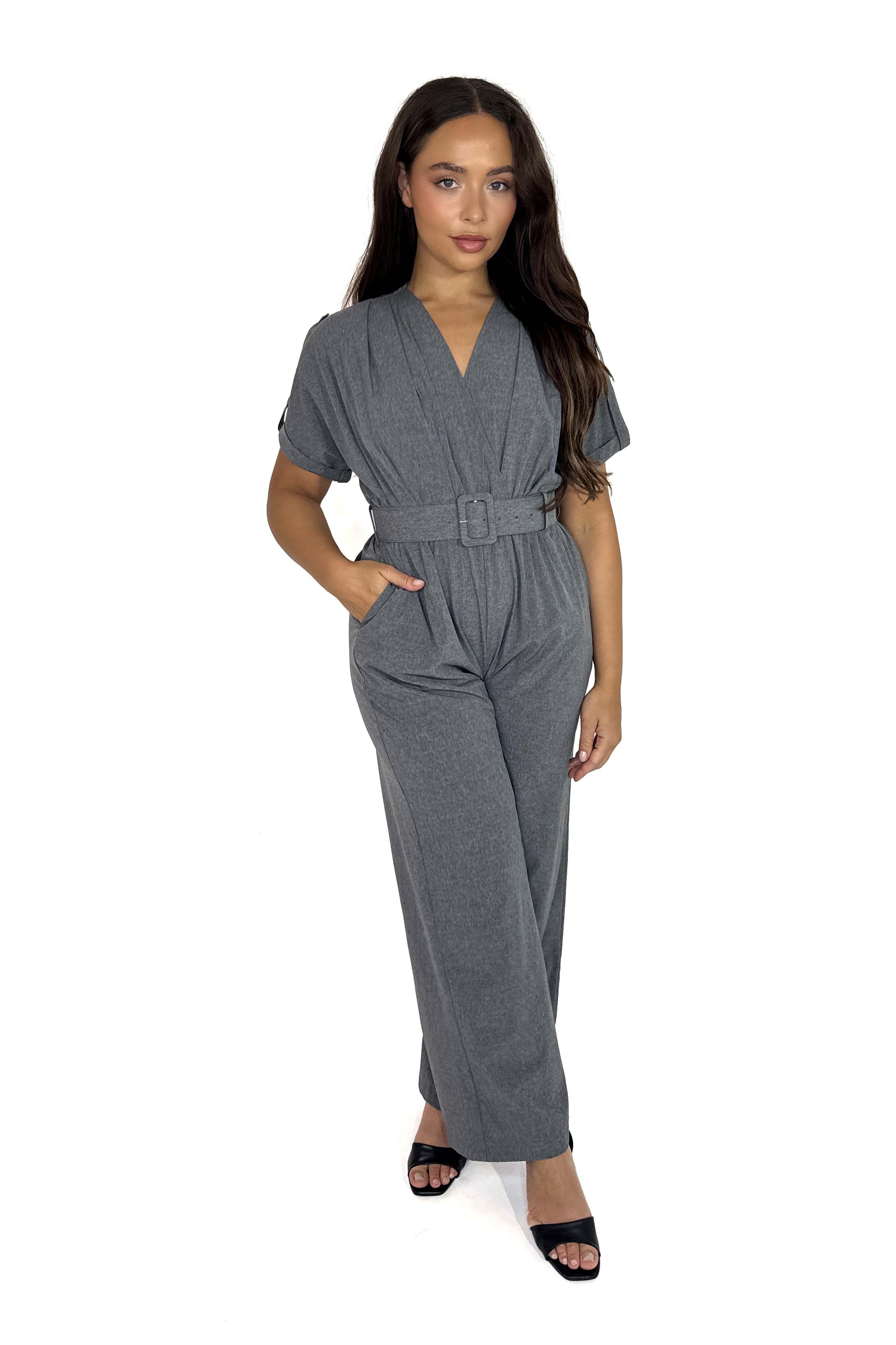 Wholesale Women's Low Cut Neck Belted Straight Leg Jumpsuit (PACK OF 6)