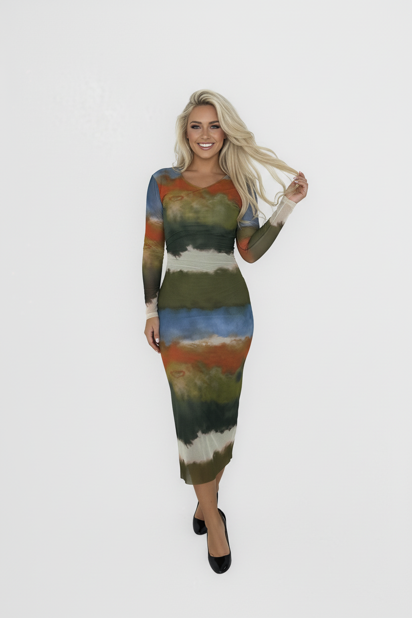 Wholesale Women's Multicolour Tie Dye Long Sleeve Ruched Long Mesh Dress (PACK OF 6)