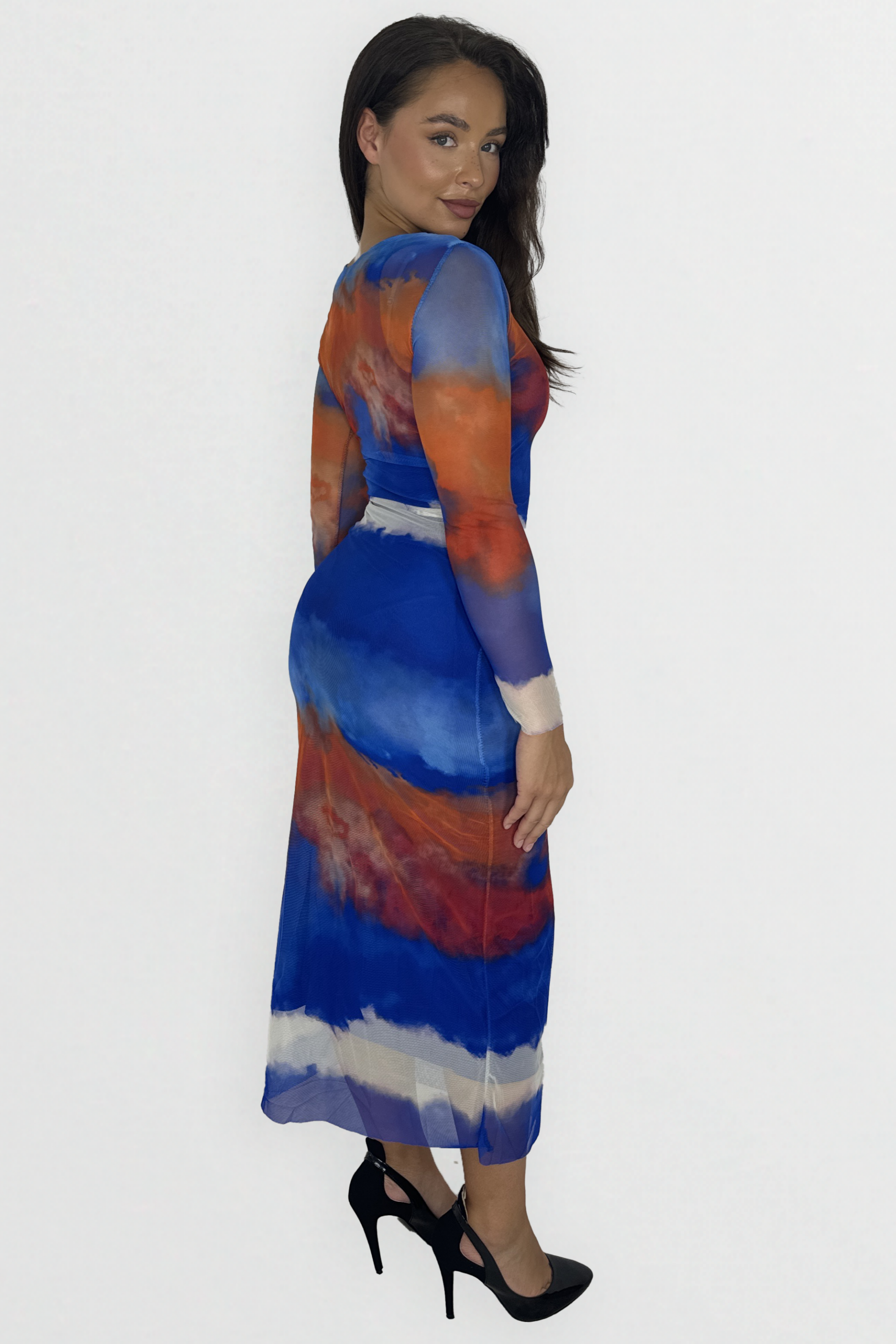 Wholesale Women's Multicolour Tie Dye Long Sleeve Ruched Long Mesh Dress (PACK OF 6)