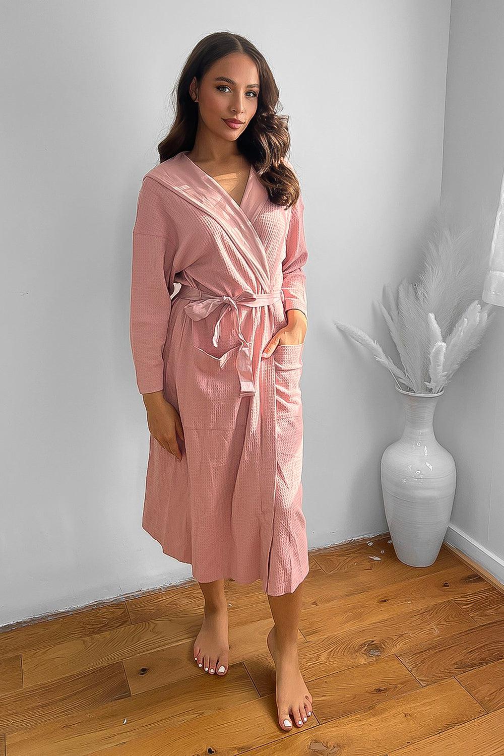 100% Cotton Waffle Texture Hooded House Gown-SinglePrice