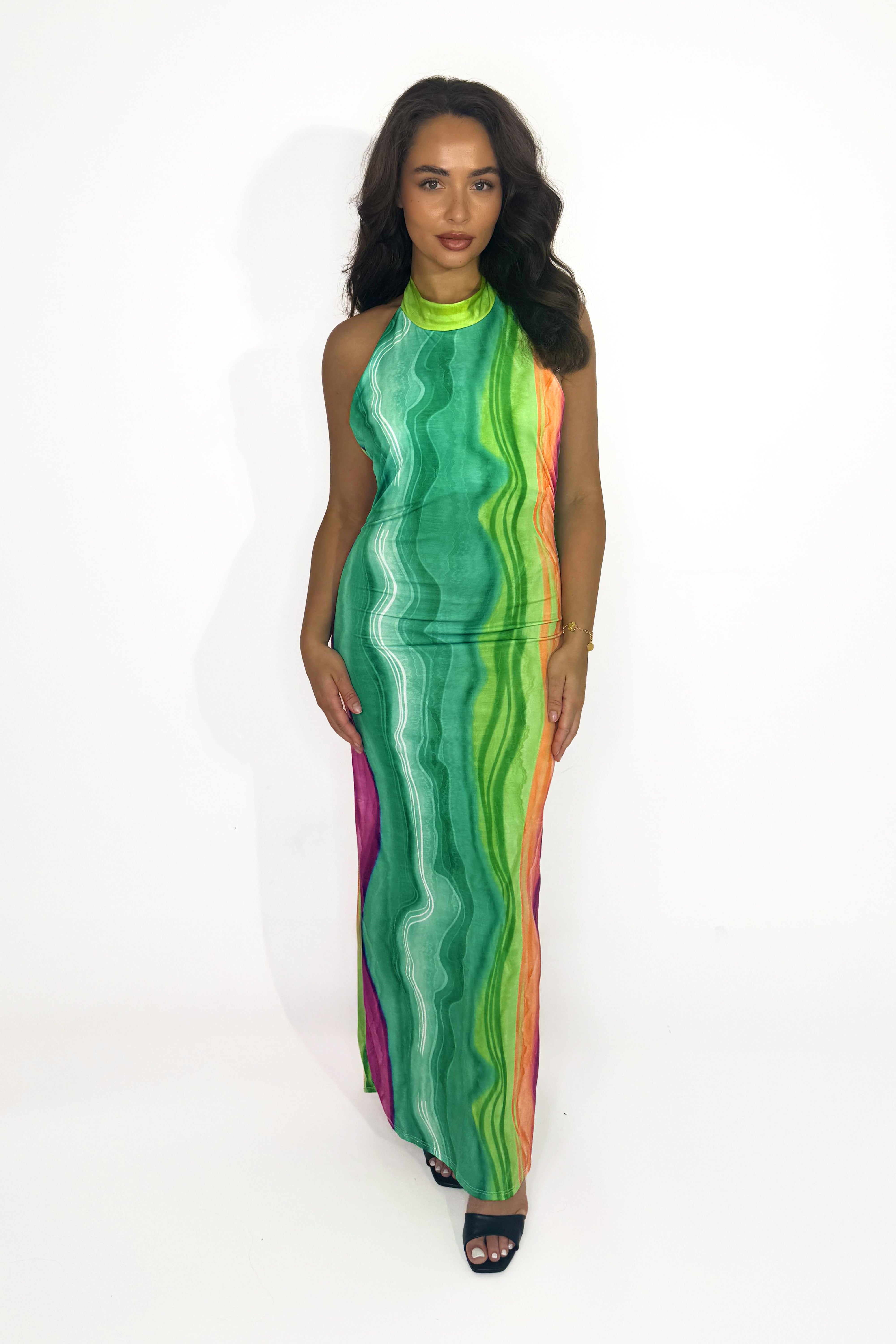Tie Dye Ruched Back Halterneck Slinky Long Dress