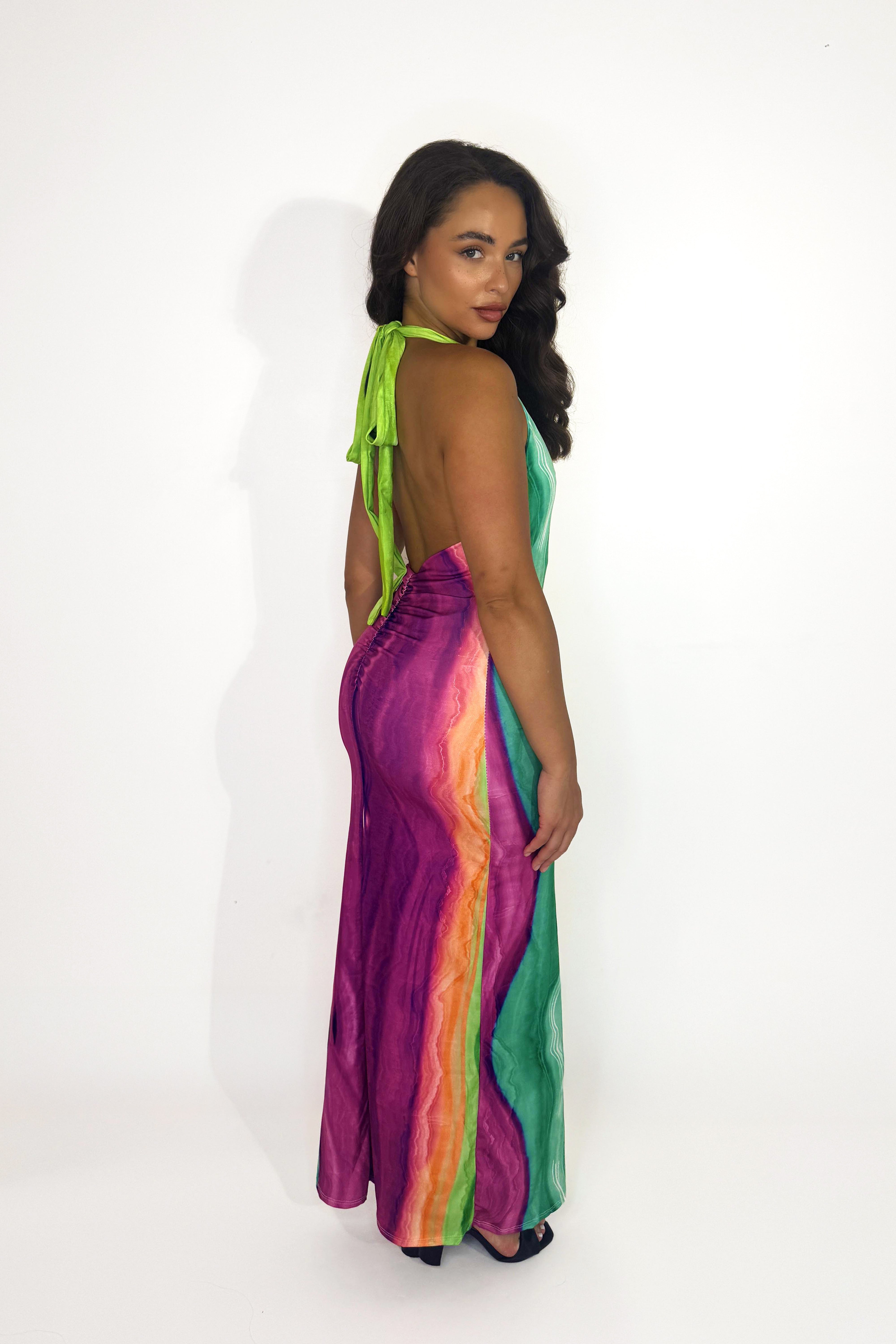 Tie Dye Ruched Back Halterneck Slinky Long Dress