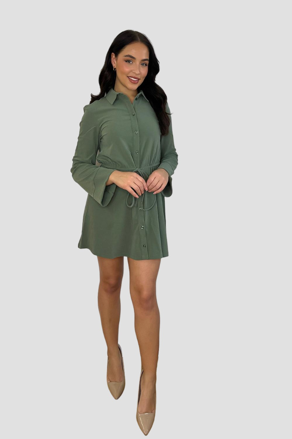 Khaki Drawstring Waist Shirt Dress-SinglePrice