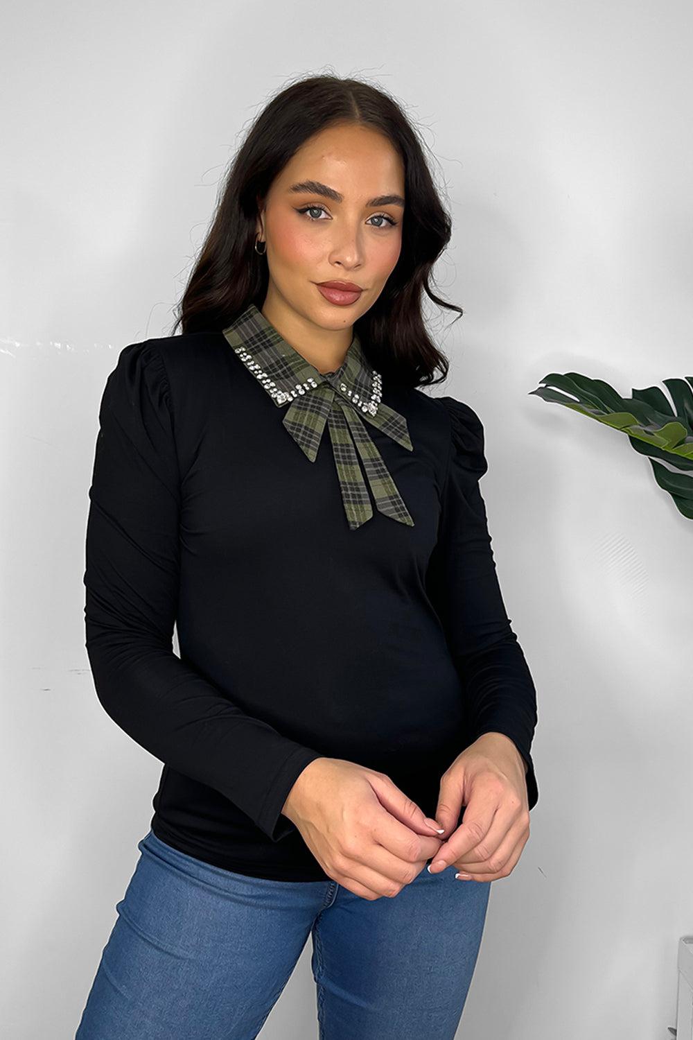 Black Contrast Encrusted Collar Pullover-SinglePrice