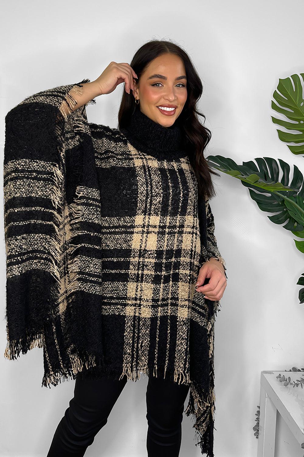 Knitted Large Collar Checked Knitted Poncho-SinglePrice