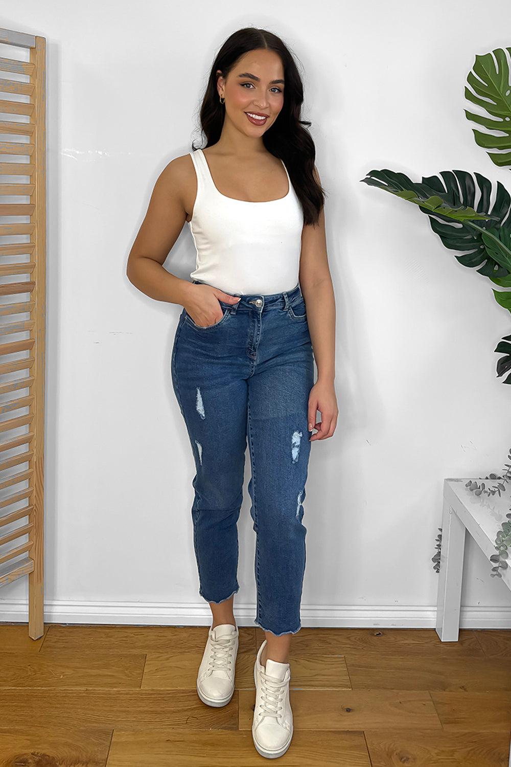 High Rise Cropped And Distressed Mum's Jeans-SinglePrice