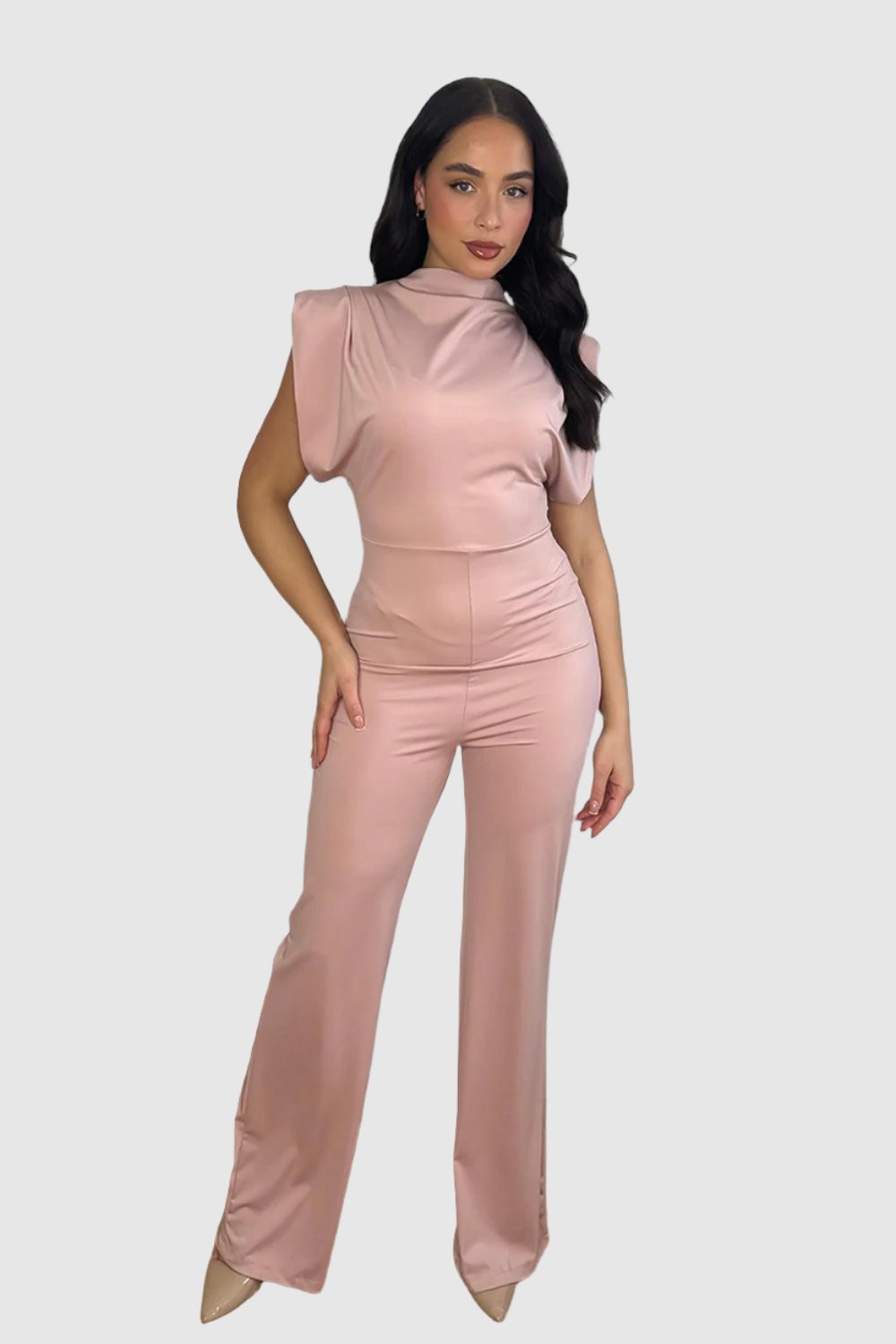 High Neck Short Sleeve Drapped Jumpsuit-SinglePrice