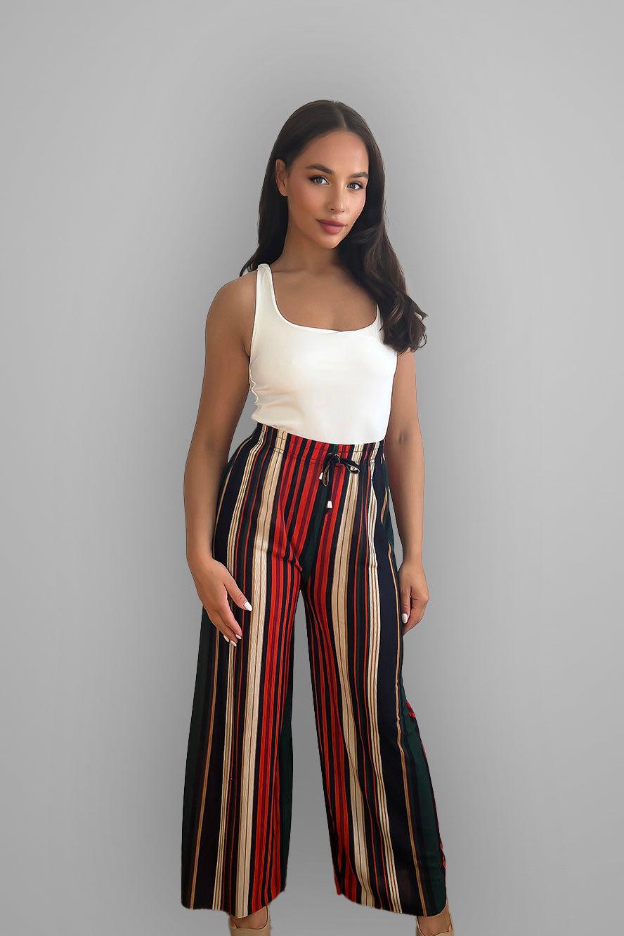 Wide Leg Colourful Striped Drawstring Waist Trousers-SinglePrice