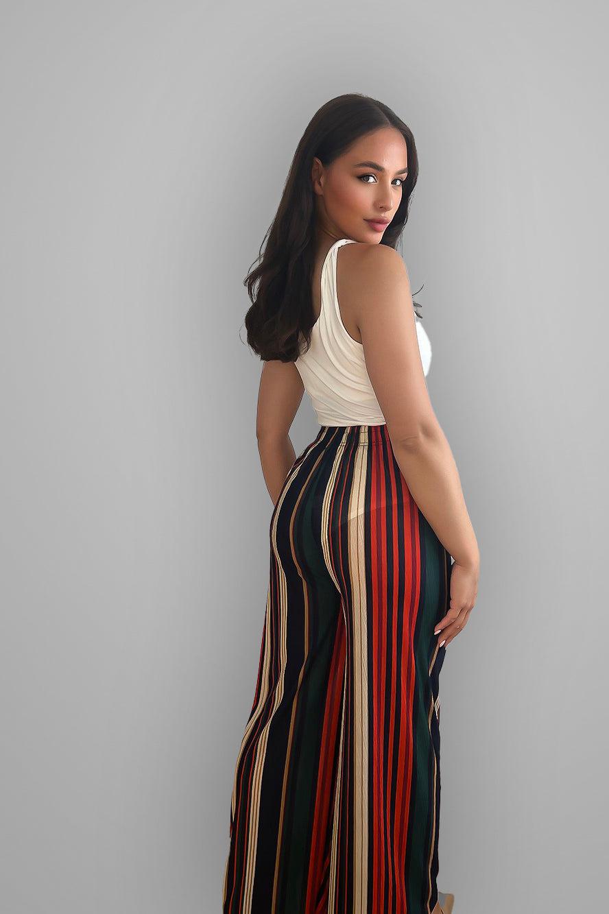 Wide Leg Colourful Striped Drawstring Waist Trousers-SinglePrice