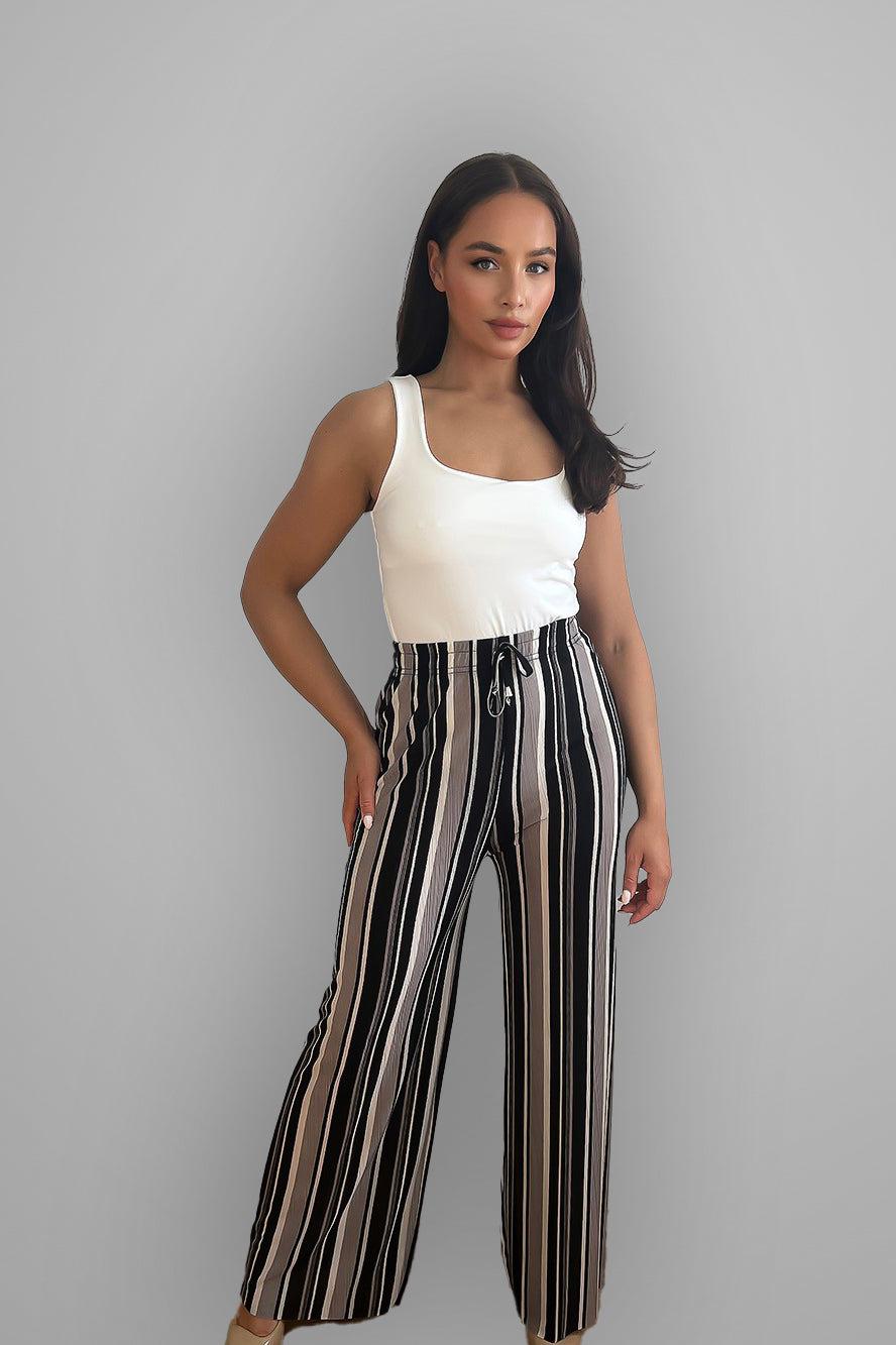 Wide Leg Colourful Striped Drawstring Waist Trousers-SinglePrice