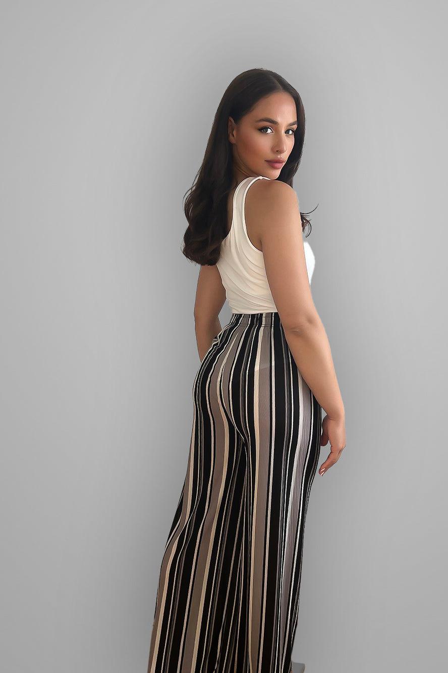 Wide Leg Colourful Striped Drawstring Waist Trousers-SinglePrice