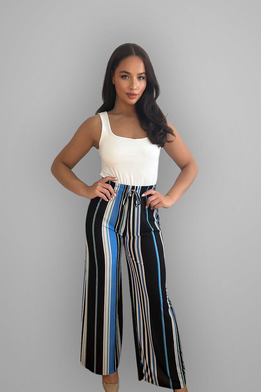 Wide Leg Colourful Striped Drawstring Waist Trousers-SinglePrice