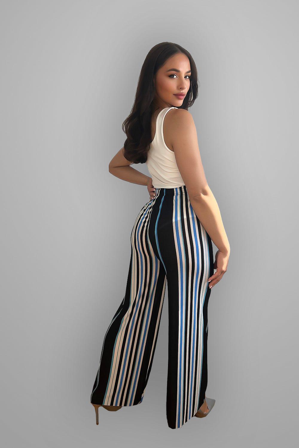 Wide Leg Colourful Striped Drawstring Waist Trousers-SinglePrice