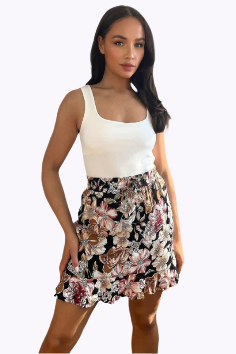 Summer Floral Print Cotton Blend Frill Short Skirt-SinglePrice