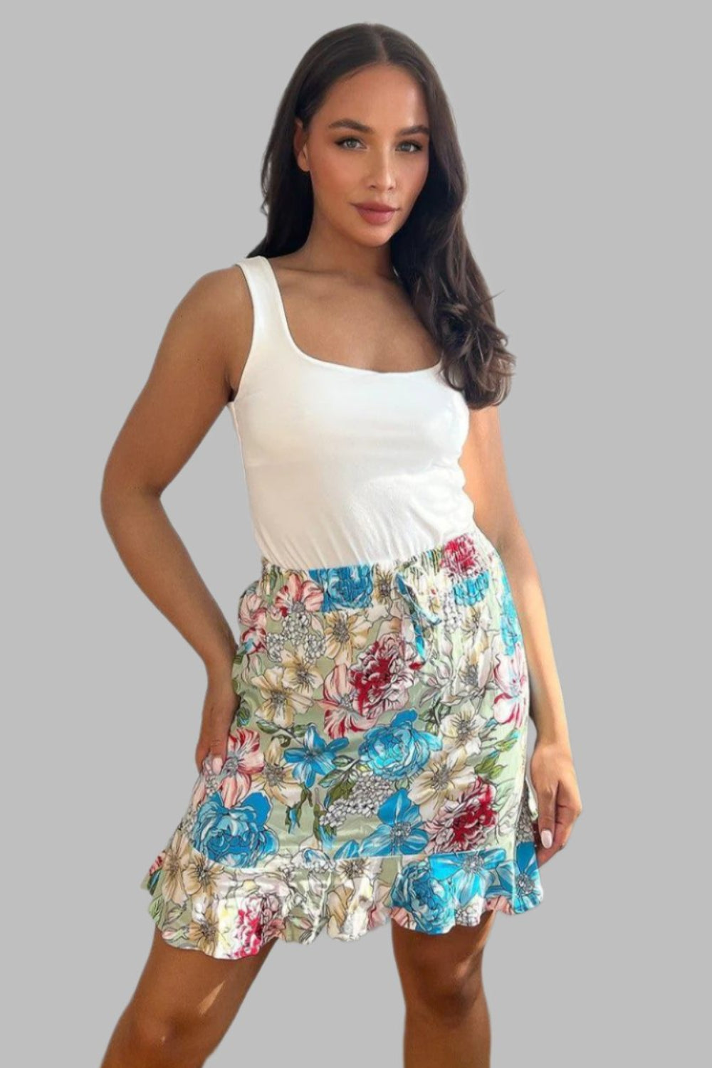 Summer Floral Print Cotton Blend Frill Short Skirt-SinglePrice
