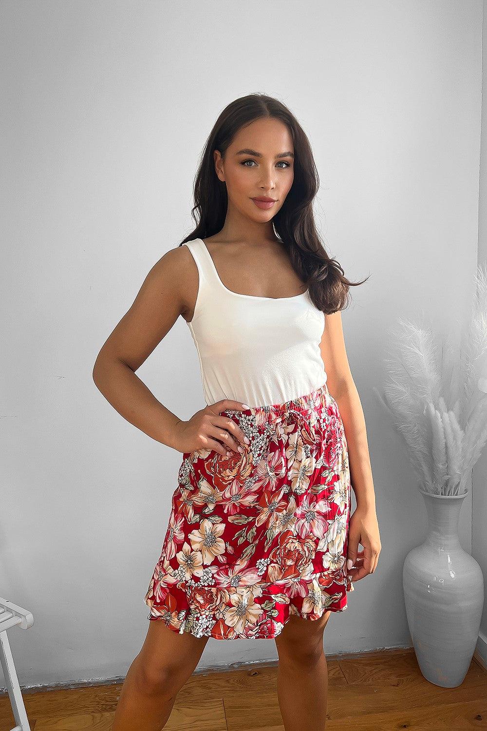 Summer Floral Print Cotton Blend Frill Short Skirt-SinglePrice