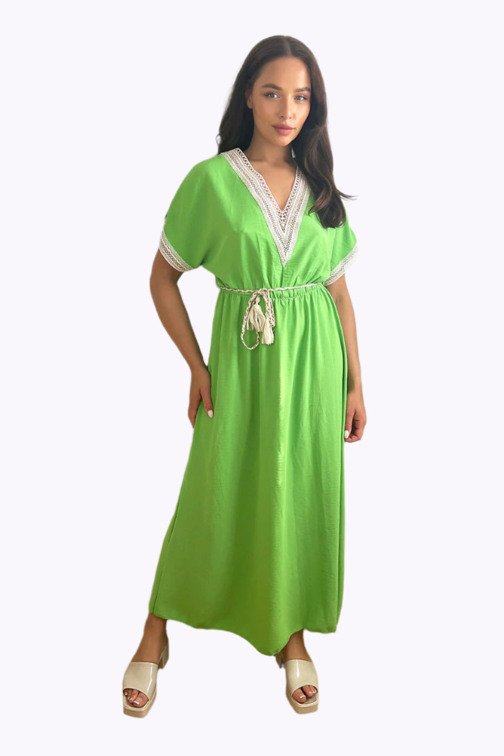 Cotton Lace Trims And Braided Belt Summer Maxi Dress-SinglePrice