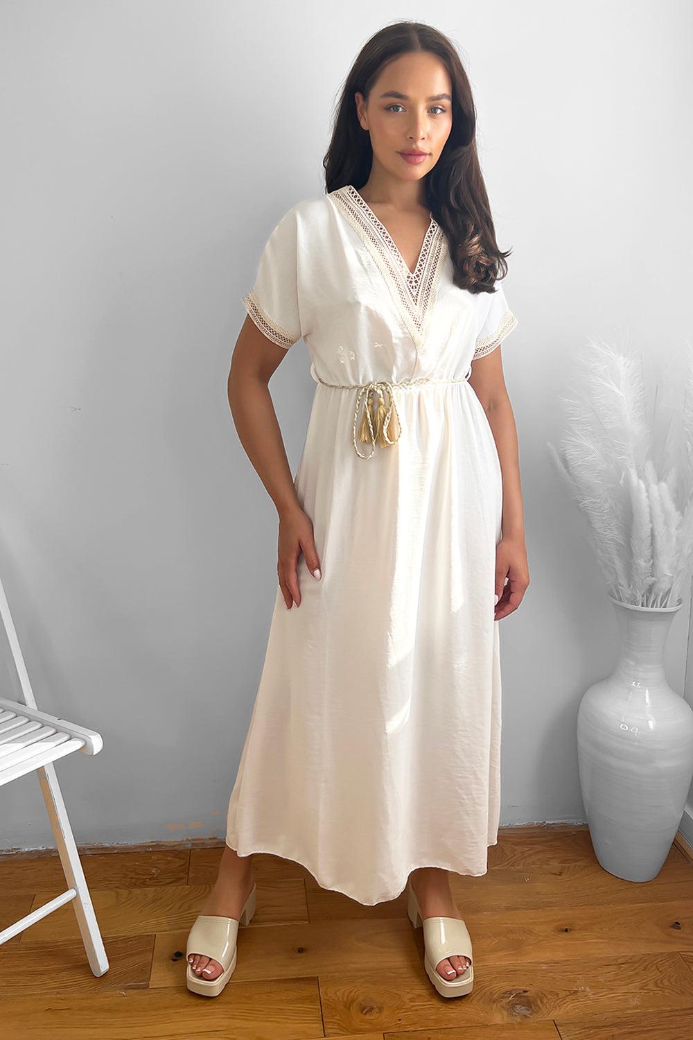 Cotton Lace Trims And Braided Belt Summer Maxi Dress-SinglePrice