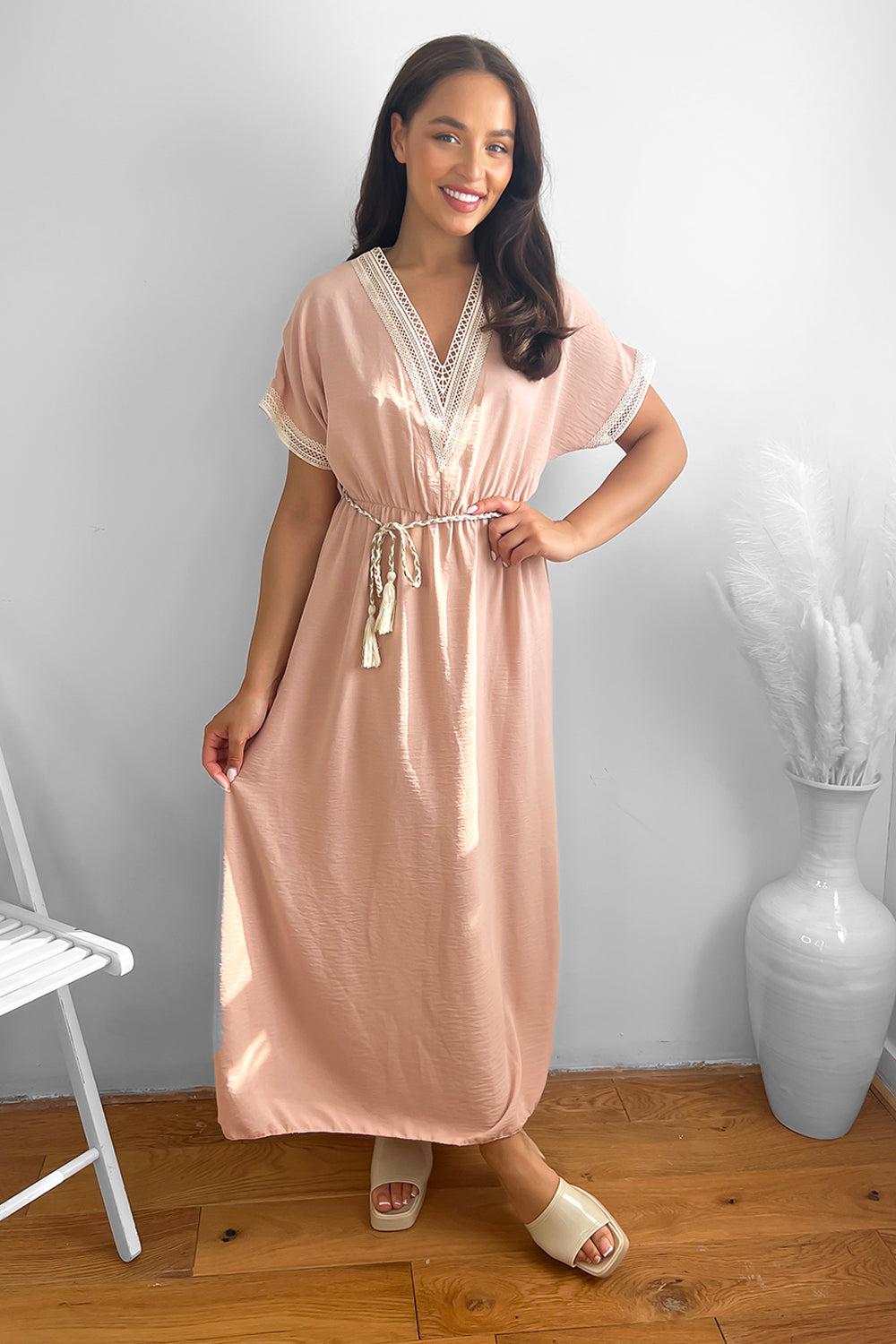 Cotton Lace Trims And Braided Belt Summer Maxi Dress-SinglePrice