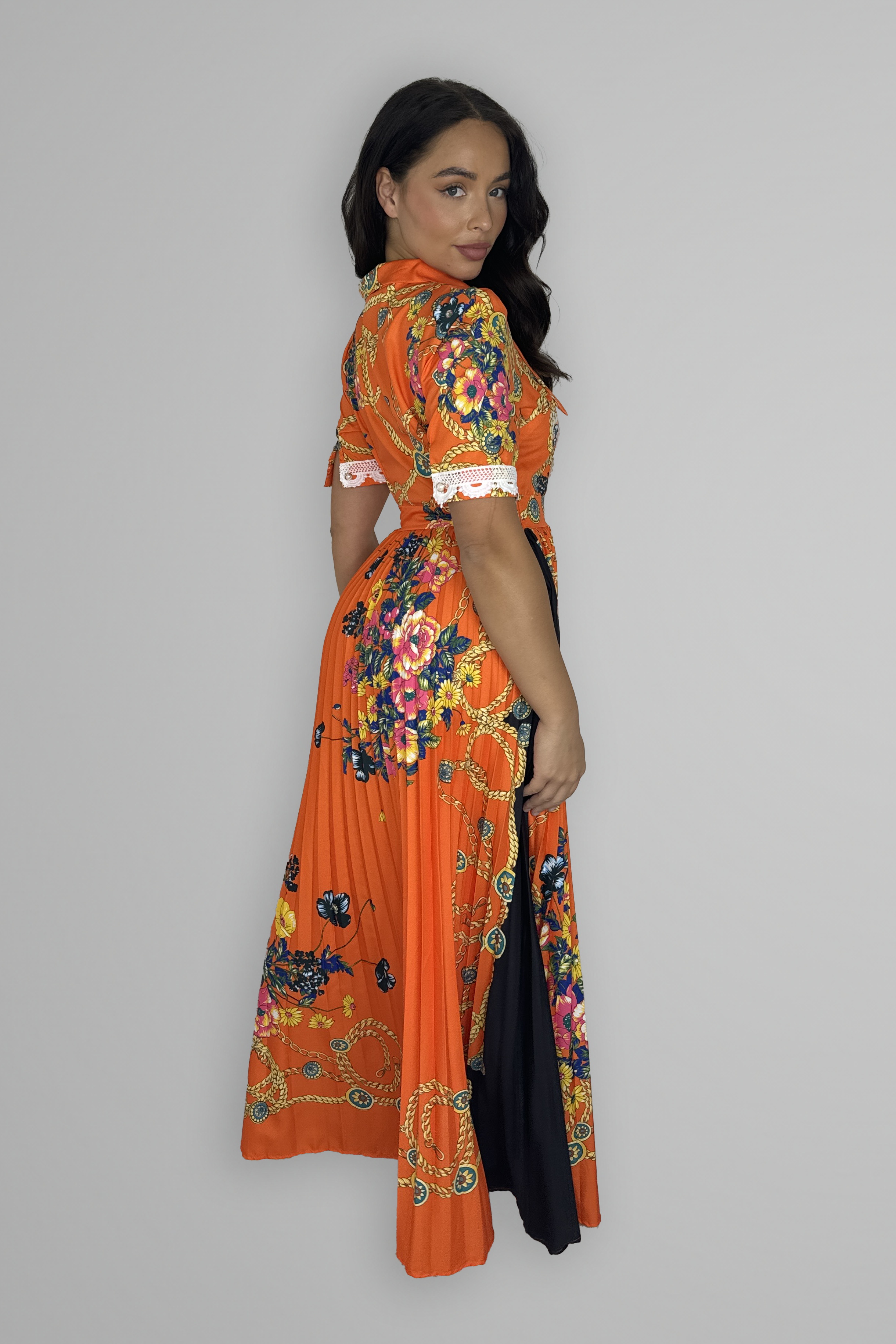 Satin Floral Print Pleated Maxi Dress-SinglePrice