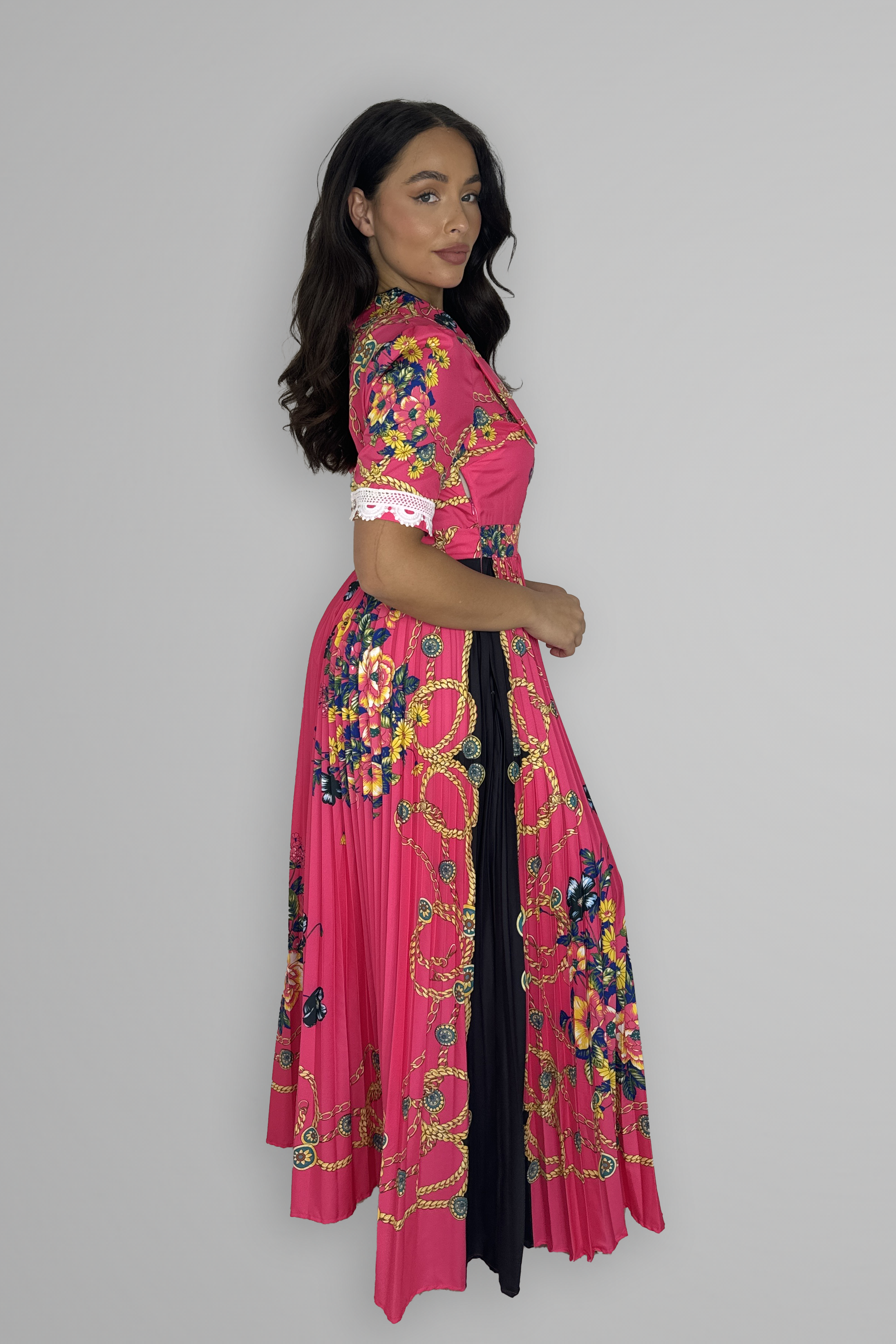Satin Floral Print Pleated Maxi Dress-SinglePrice