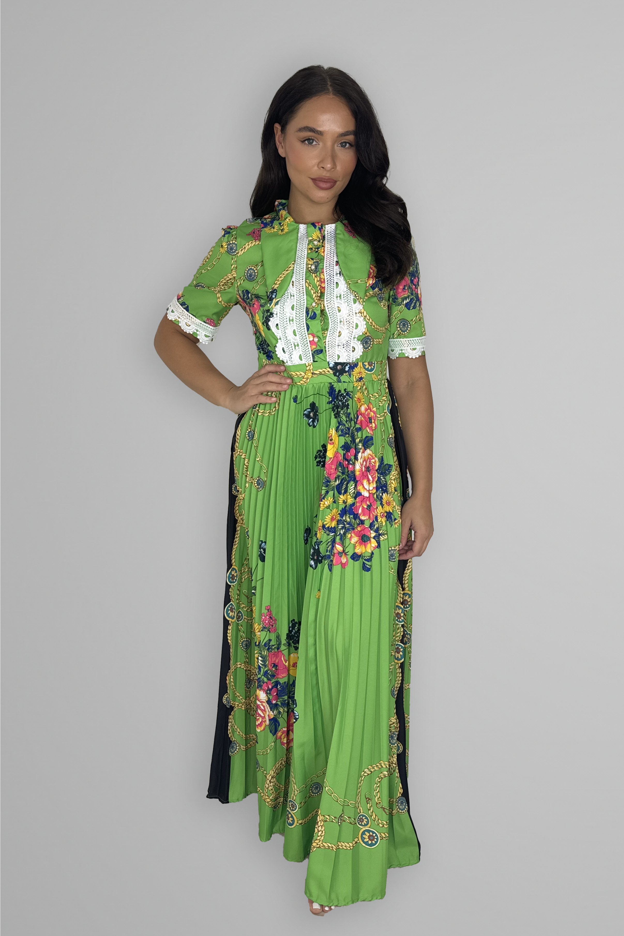 Satin Floral Print Pleated Maxi Dress-SinglePrice