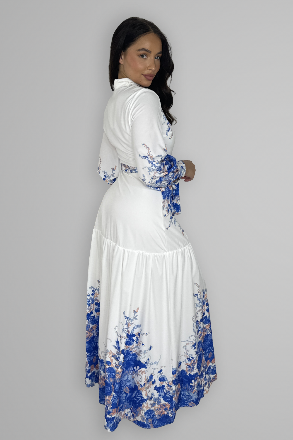 Floral Print Tie Dye Tiered Button Down Long Dress-SinglePrice