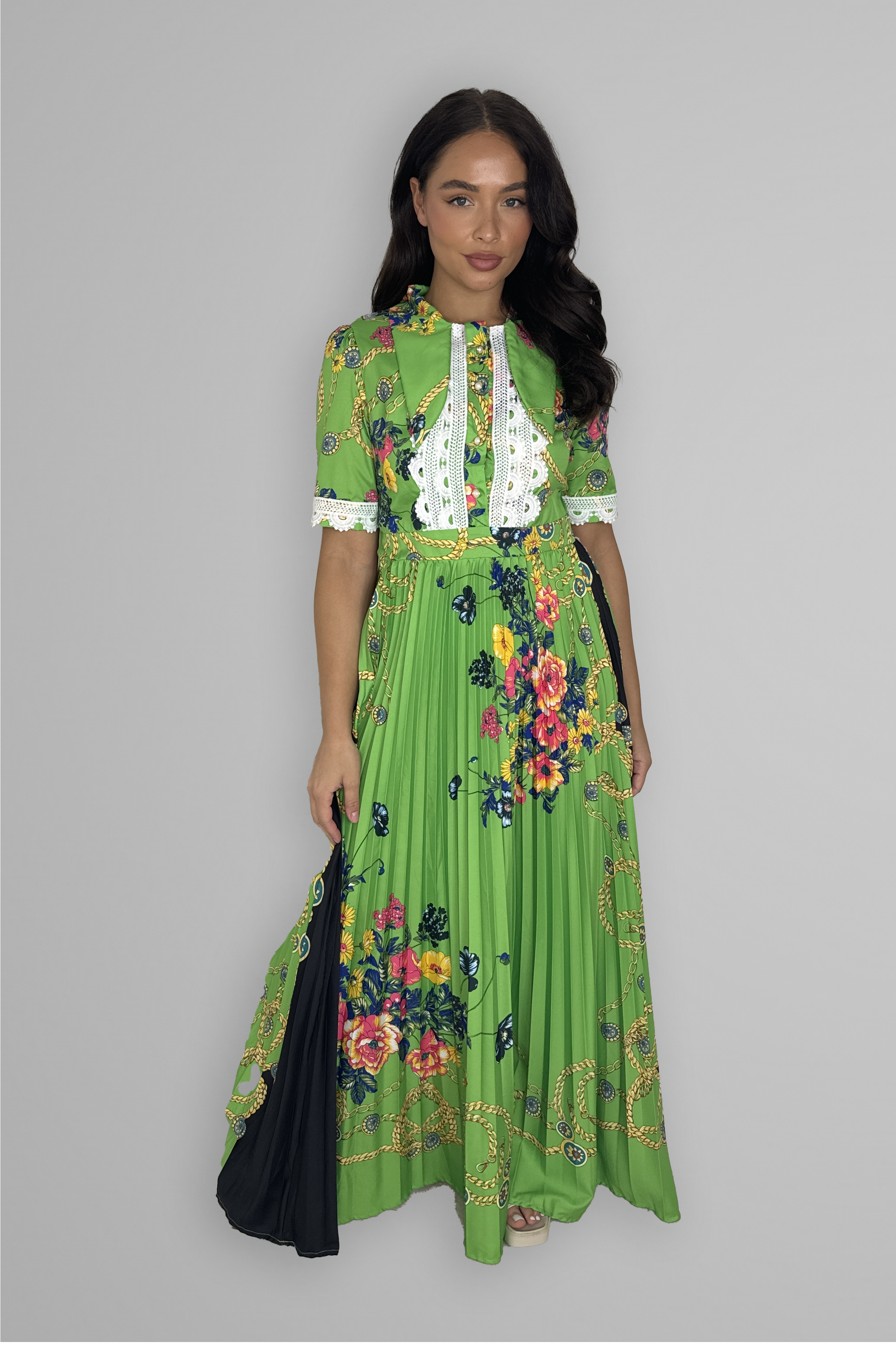 Satin Floral Print Pleated Maxi Dress-SinglePrice