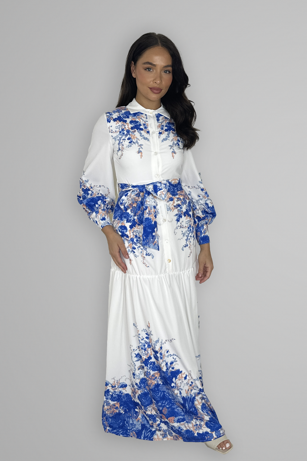 Floral Print Tie Dye Tiered Button Down Long Dress-SinglePrice