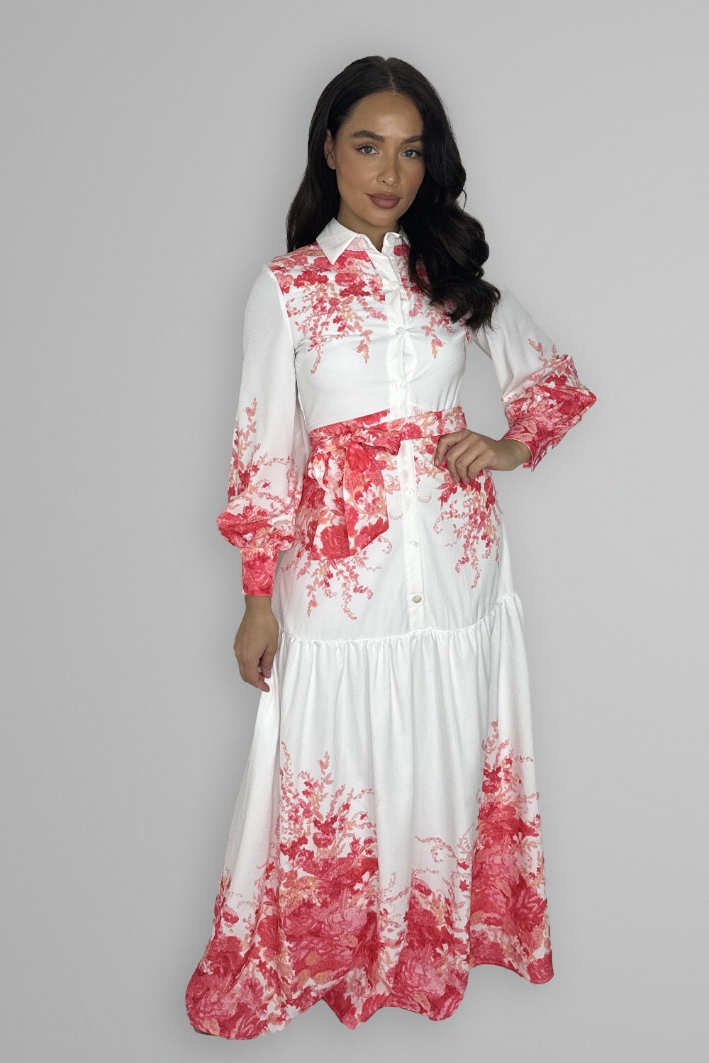Floral Print Tie Dye Tiered Button Down Long Dress-SinglePrice