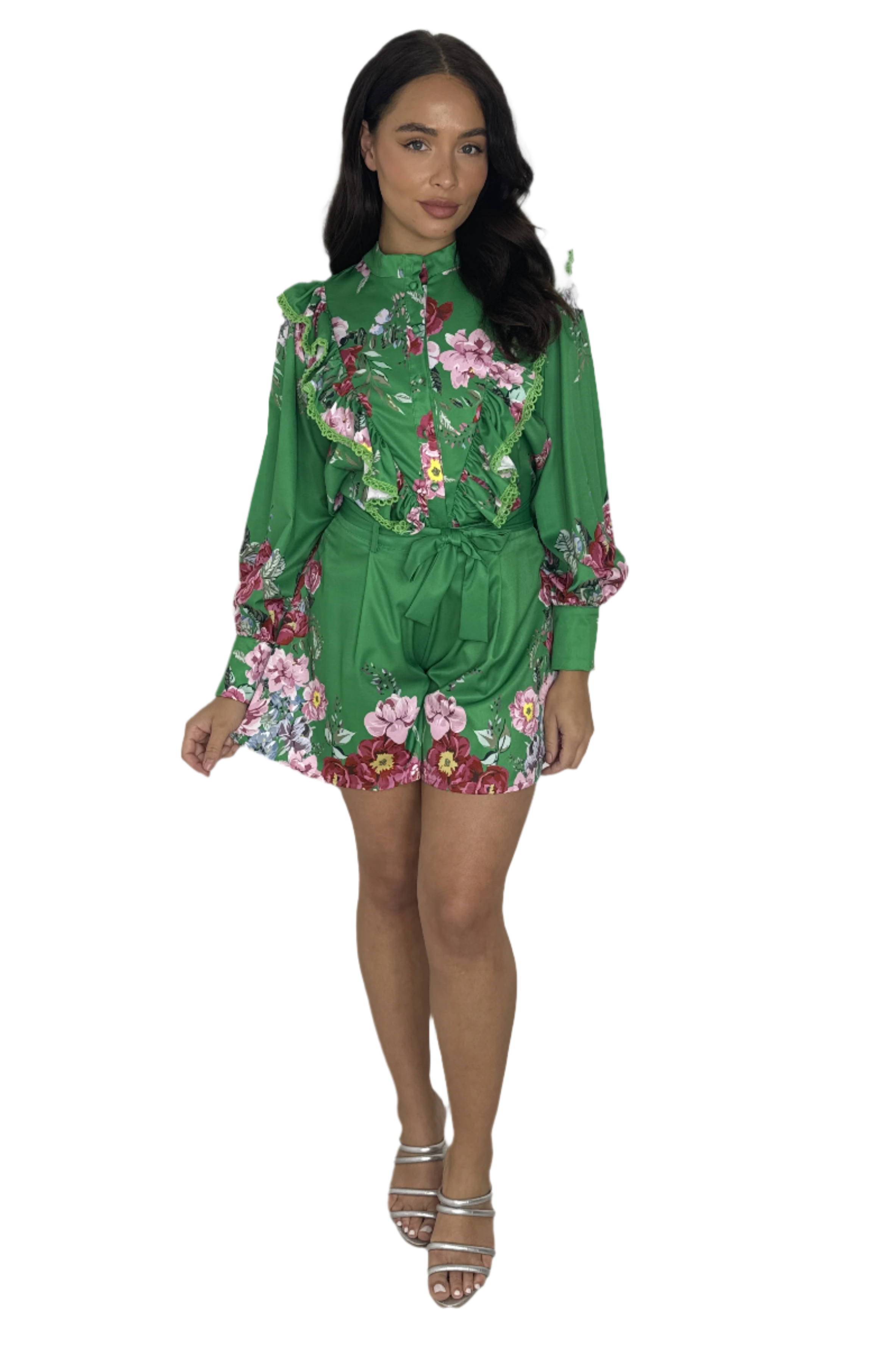 Floral Print Long Sleeve Blouse And Skater Shorts Co-ord Set-SinglePrice