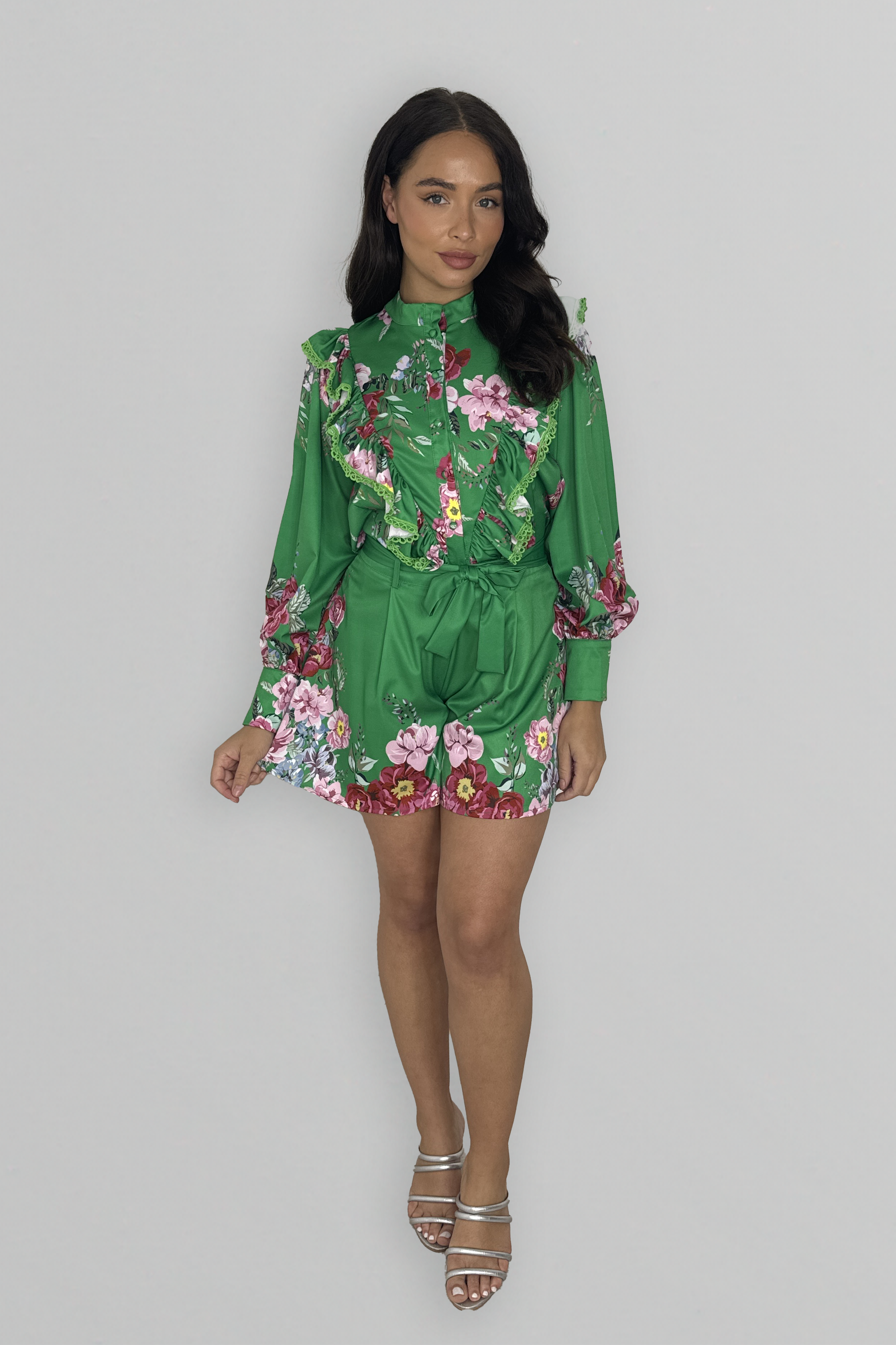 Floral Print Long Sleeve Blouse And Skater Shorts Coord Set-SinglePrice
