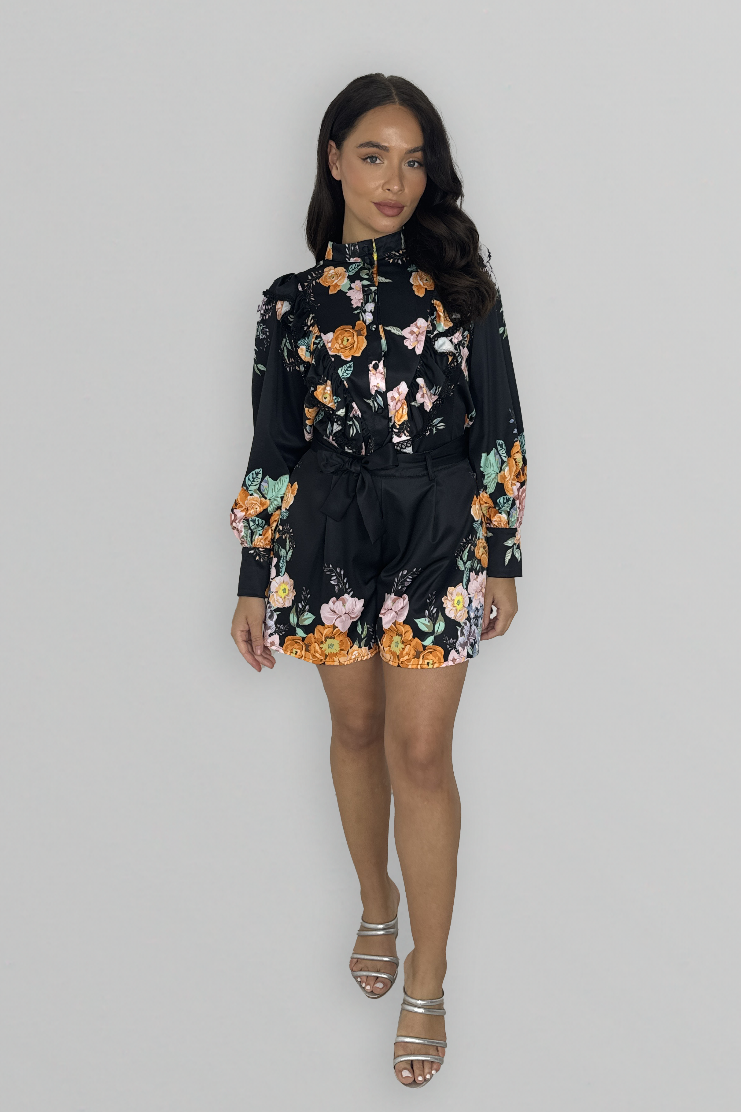 Floral Print Long Sleeve Blouse And Skater Shorts Coord Set-SinglePrice